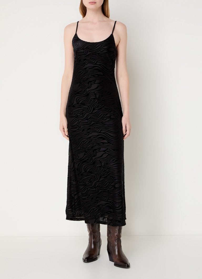 Vestido midi Neo Noir Sali com estampa de zebra e alças finas.