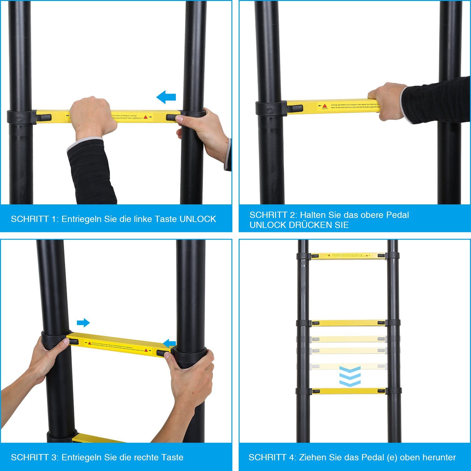 Lospitch Teleskopleiter Teleskopleiter Alu 3.8m Ausziehleiter Anlegeleiter mit haken