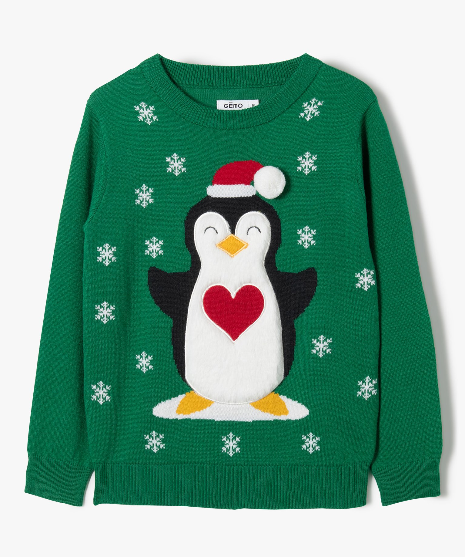 Pull fille spécial Nol avec motif pingouin vert | GEMO
