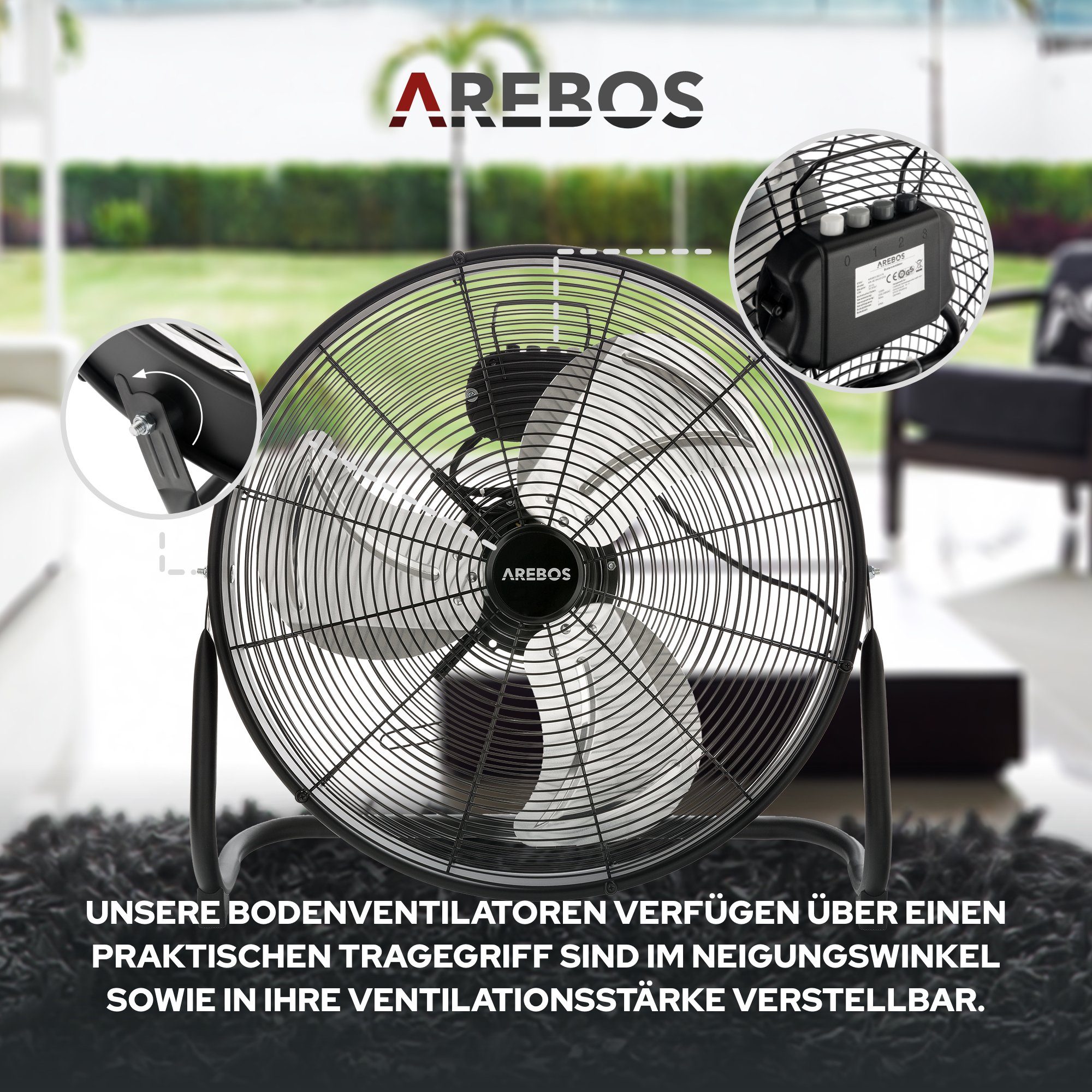 Arebos Bodenventilator Ø 50 cm, Windmaschine, Ventilator, 3 Geschwindigkeitsstufen