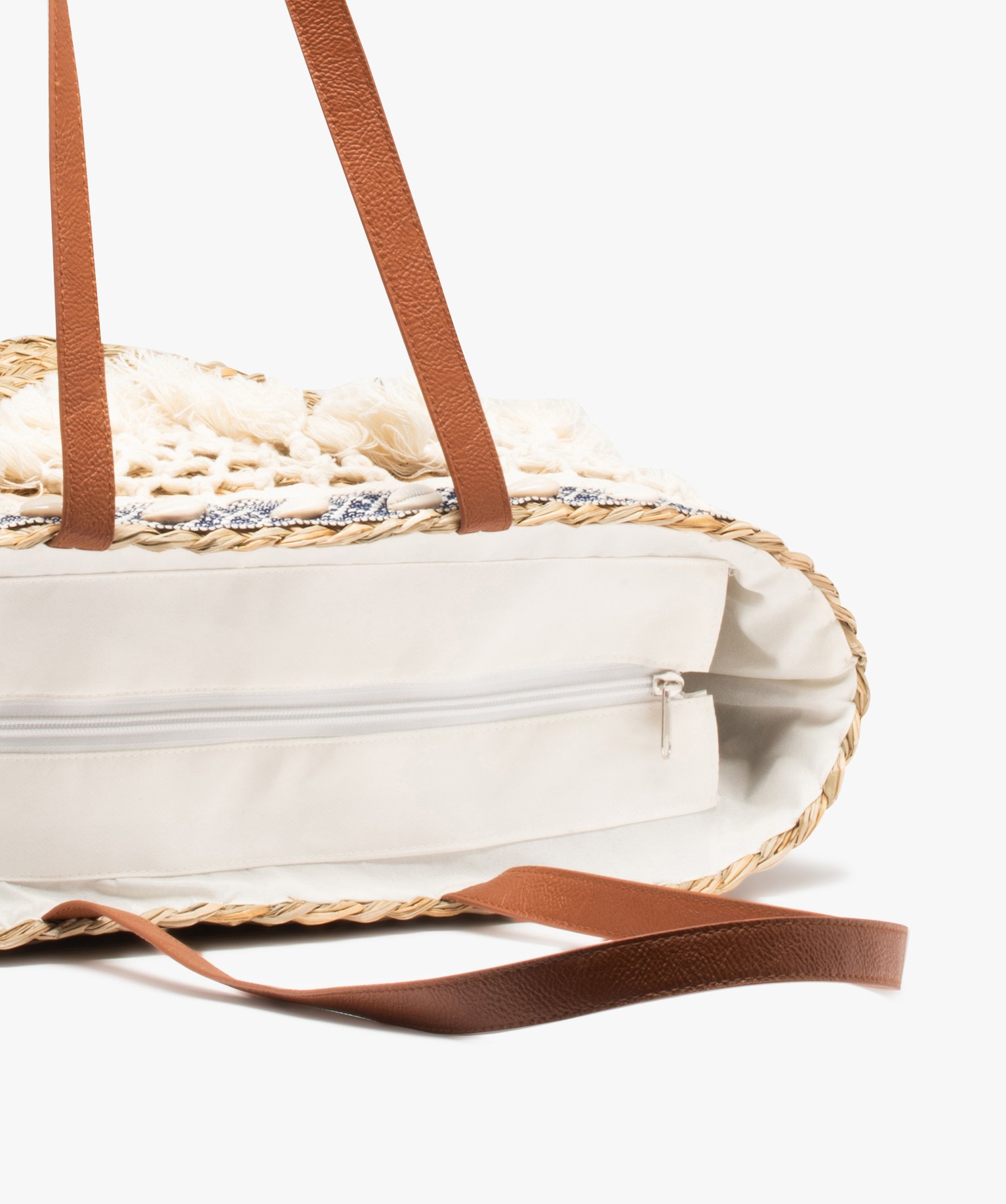 Sac de plage femme en paille avec pompons et coquillages beige | GEMO