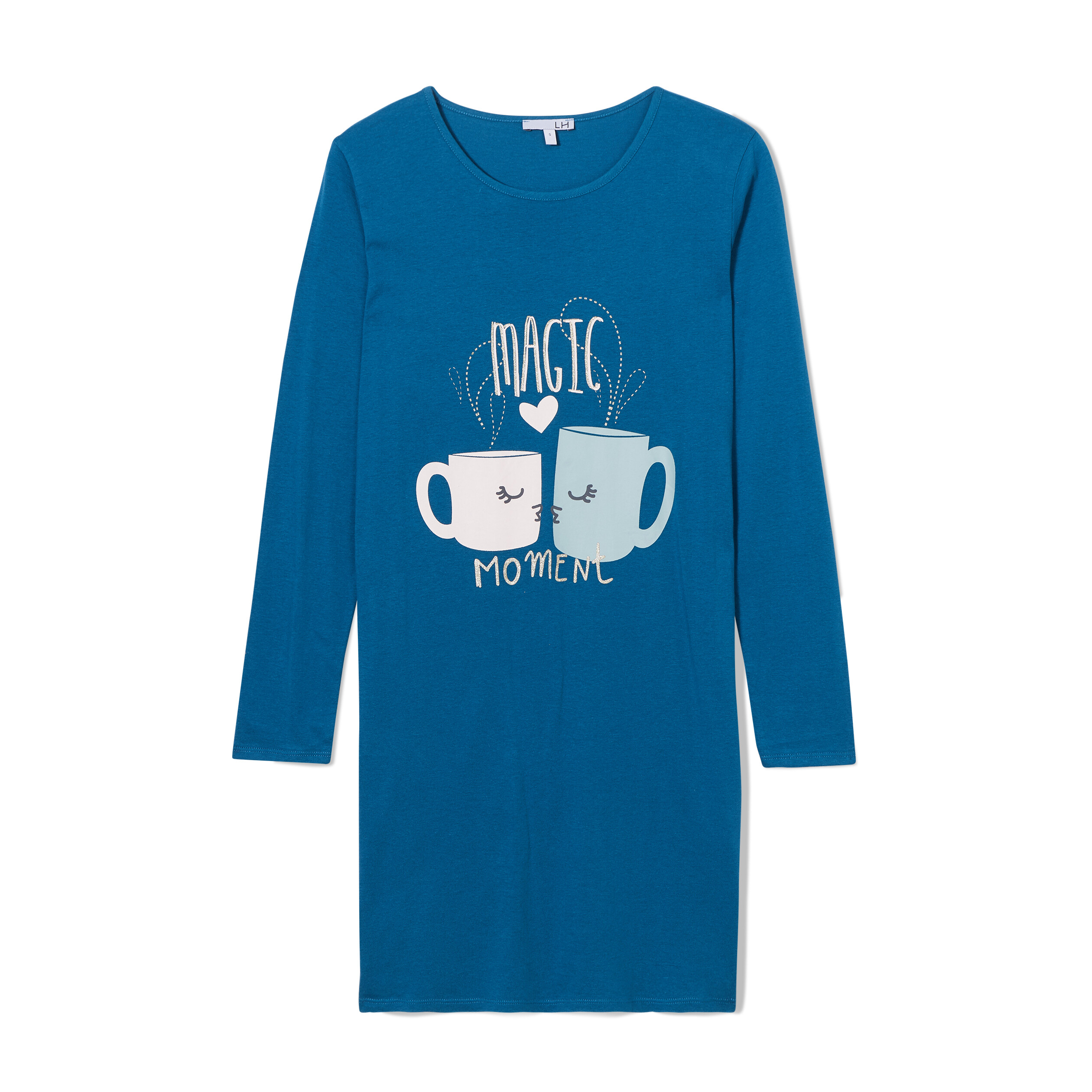 Chemise de nuit t-shirt manches longues bleu canard femme | La Halle