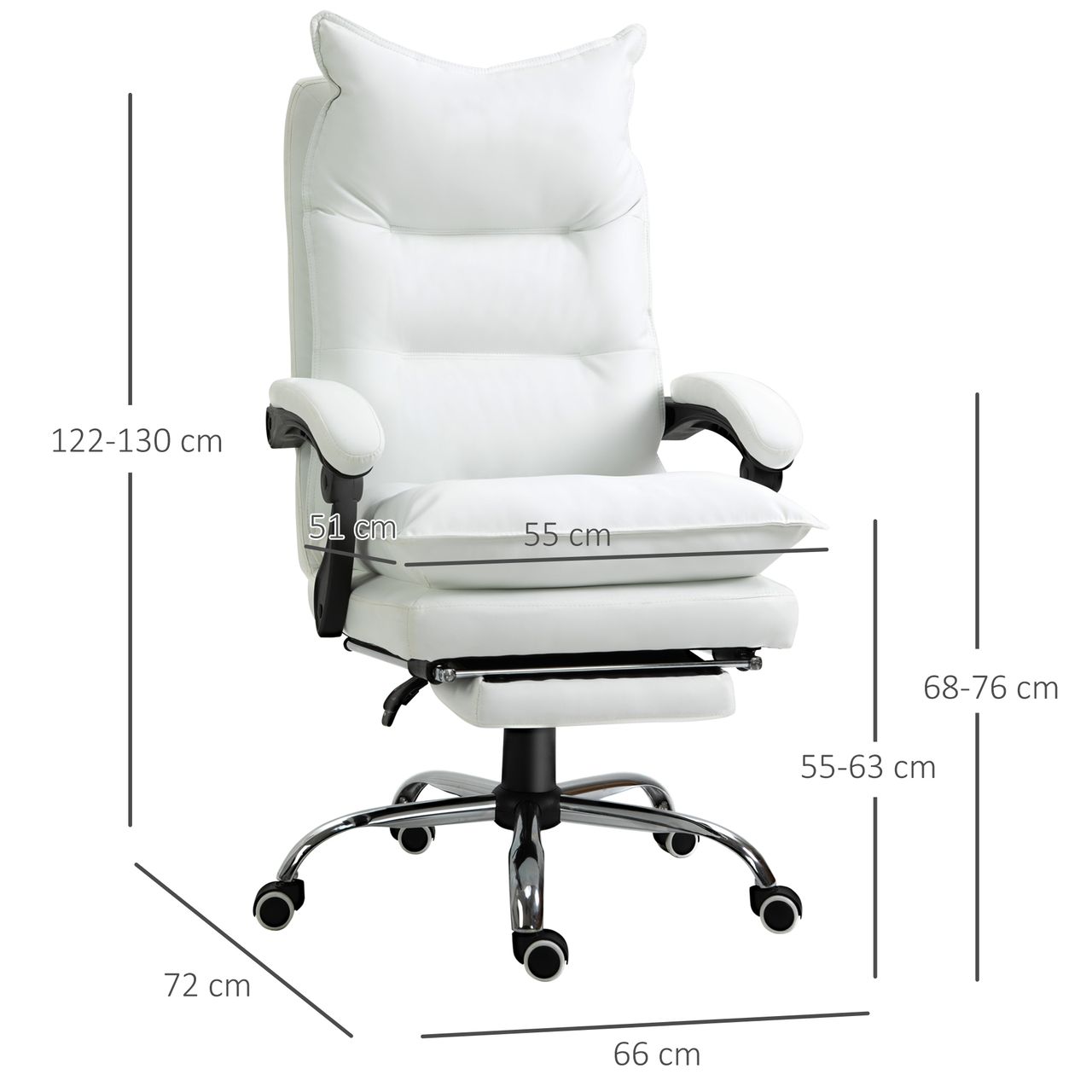 Vinsetto Bürostuhl mit Fußstütze höhenverstellbarer Schreibtischstuhl Drehstuhl Rückenlehne Kunstleder Weiß 66 x 72 x 122-130 cm