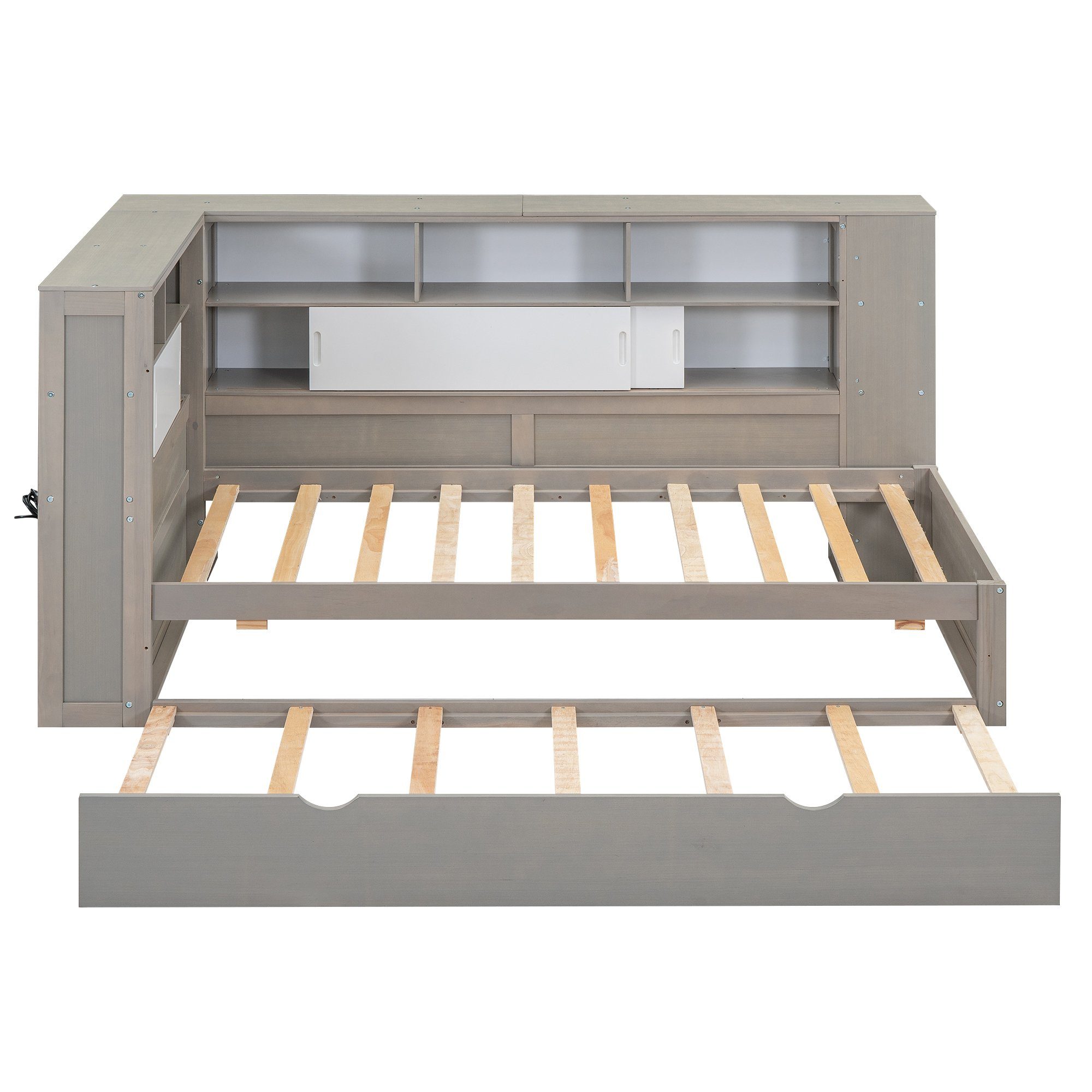 Flieks Massivholzbett, Holzbett 90x200cm mit Ladeanschluss/ Stauraum/ Ausziehbett 90x190cm