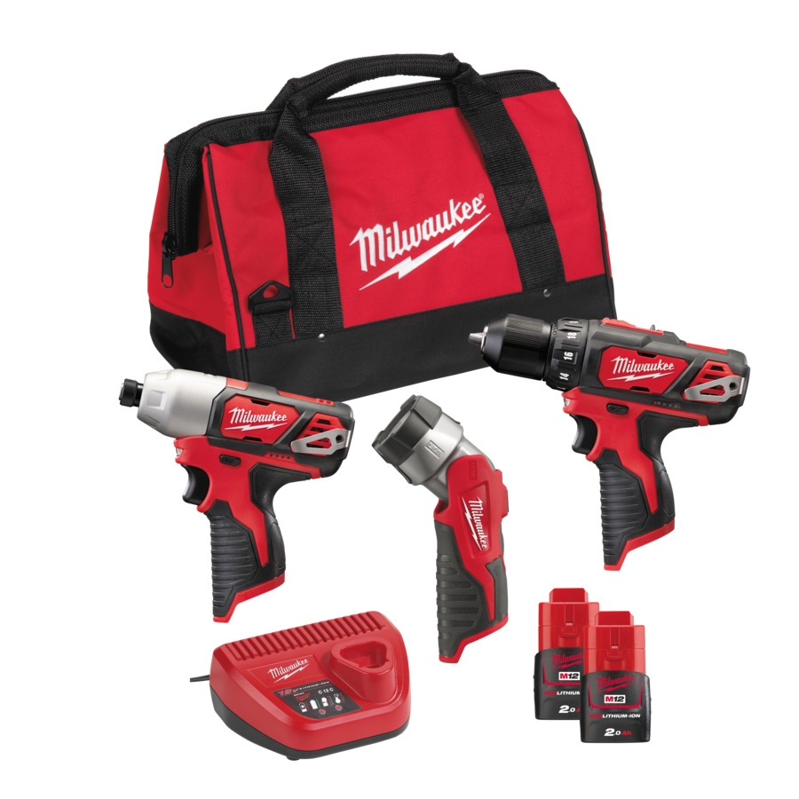 Milwaukee 4933441225 M12BPP3A-202B Powerpack M12BDD Bohrmaschine + M12BID Schlagschrauber + M12 TLED-Lampe 12V 2,0Ah