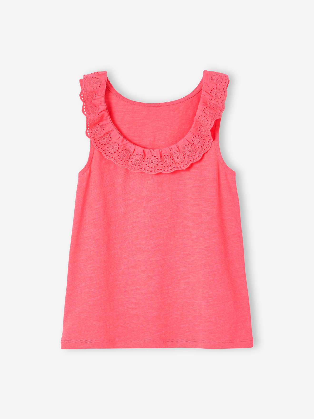 Débardeur fille col volanté en broderie anglaise bleu