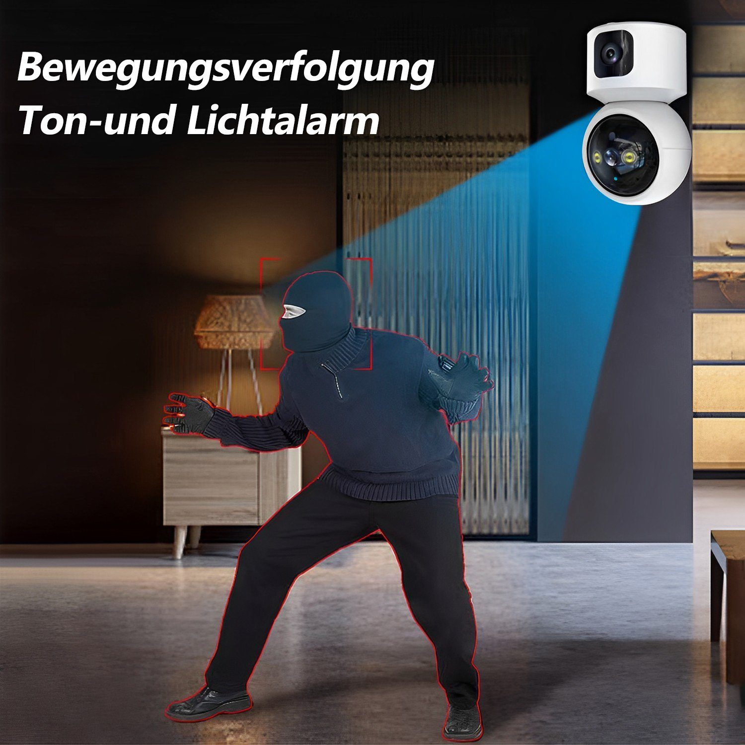 Kpaloft 355°-WLAN Überwachungskamera (für den Innenbereich, FHD 1080P Dual-Kamera, 90° verstellbar, Nachtsicht, Bewegungserkennung, APP, Zwei-Wege-Audio, Ton- und Lichtwarnung, für Babys/Haustiere)