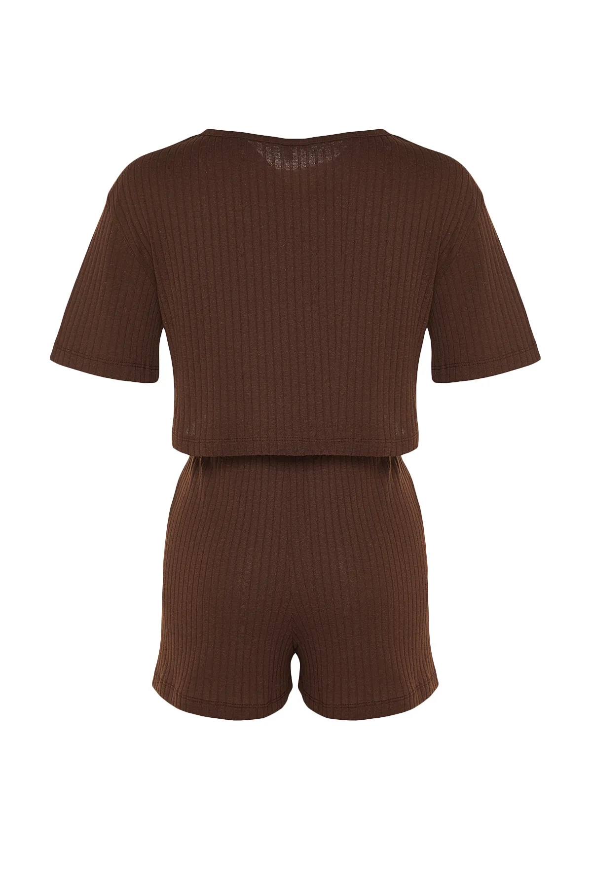 Trendyol Collection  Braunes gestricktes Pyjama-Set mit T-Shirt und Shorts aus schnurgebundener Baumwolle THMSS21PT1101