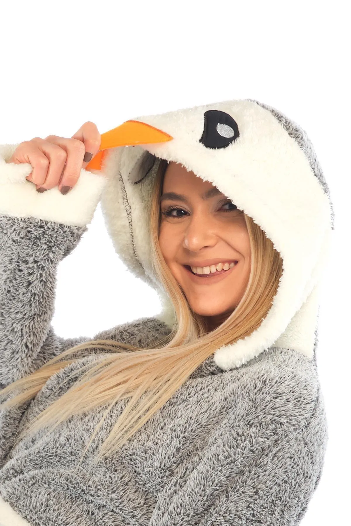Znp Home  Grauer Wellsoft-Plüsch-Bademantel für Damen mit Pinguin-Stickerei und Kapuze