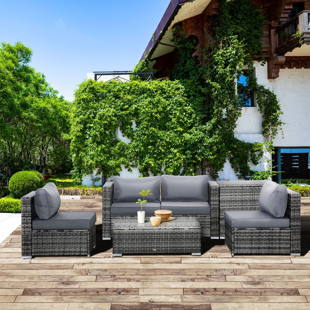 Outsunny 6 tlg. Polyrattan Gartenmöbel Set Sitzgarnitur mit Kissen Sitzgruppe Gartenset Sofagarnitur Lounge Tisch mit Stauraum Stahl Luxus Grau