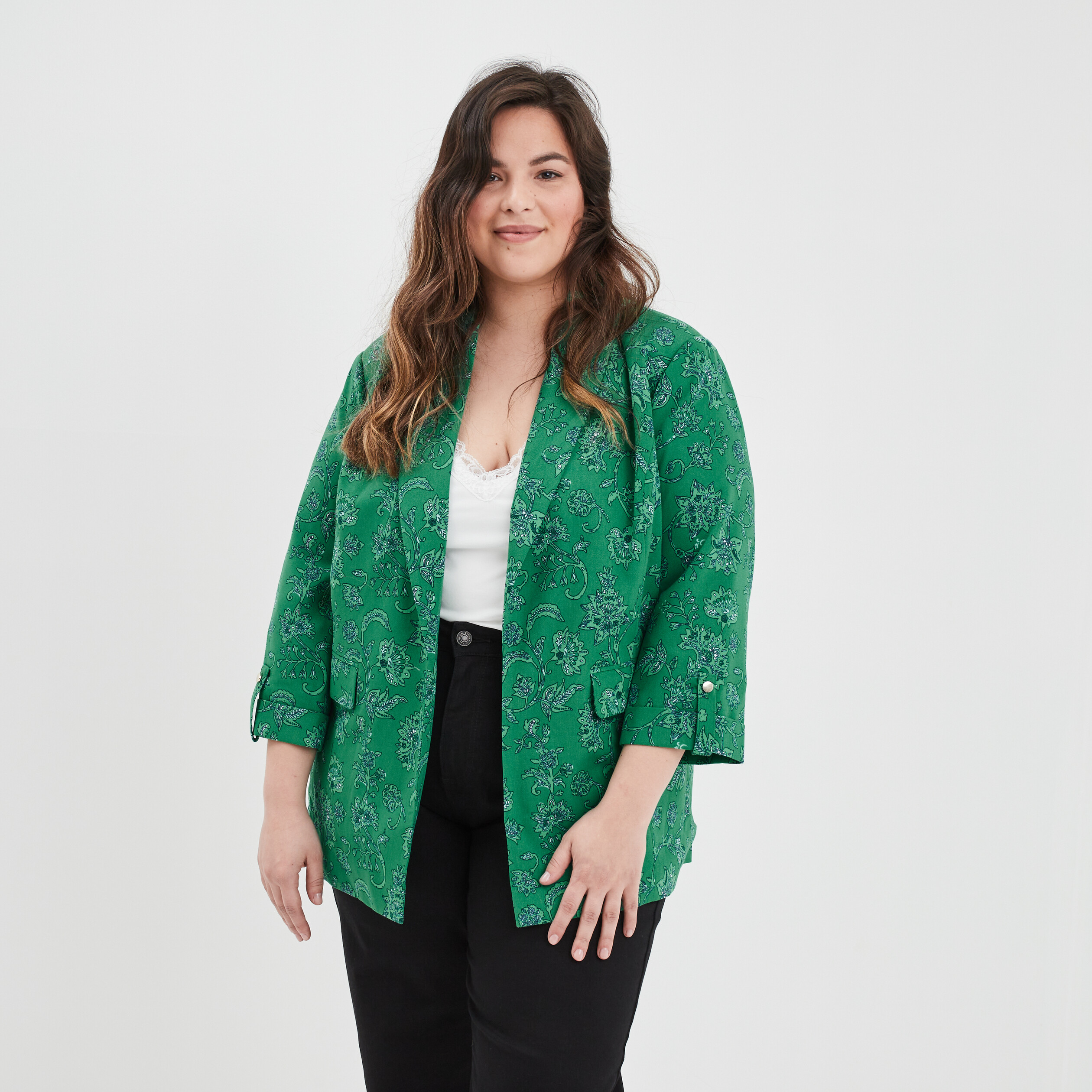 Veste droite manches 3 4 à revers vert femme grande taille | La Halle