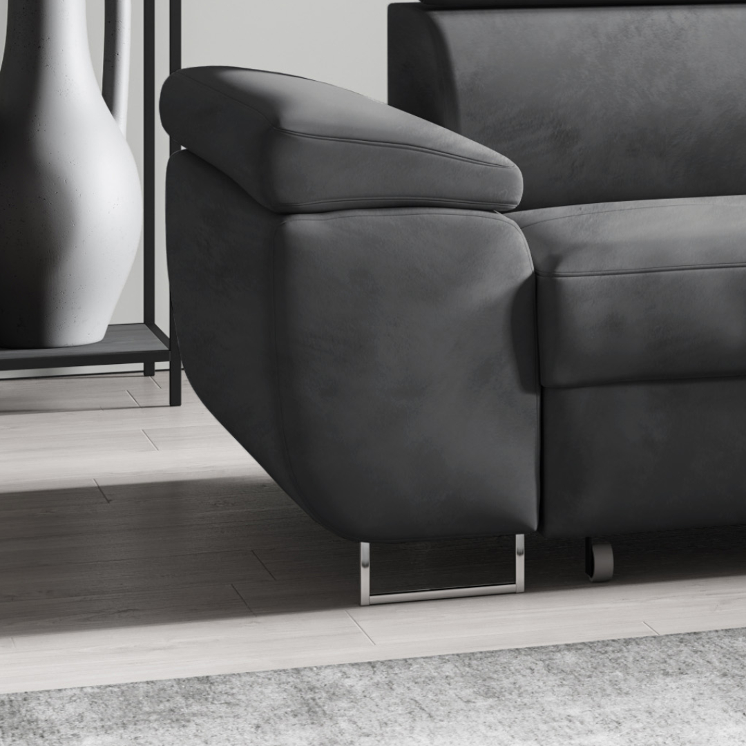 Möbel Punkt Wohnlandschaft Ecksofa Monaco Samt Grau mit Bett Bettkasten Kopfteilverstellung Bett Sofa Schlafsofa Ottomane rechts