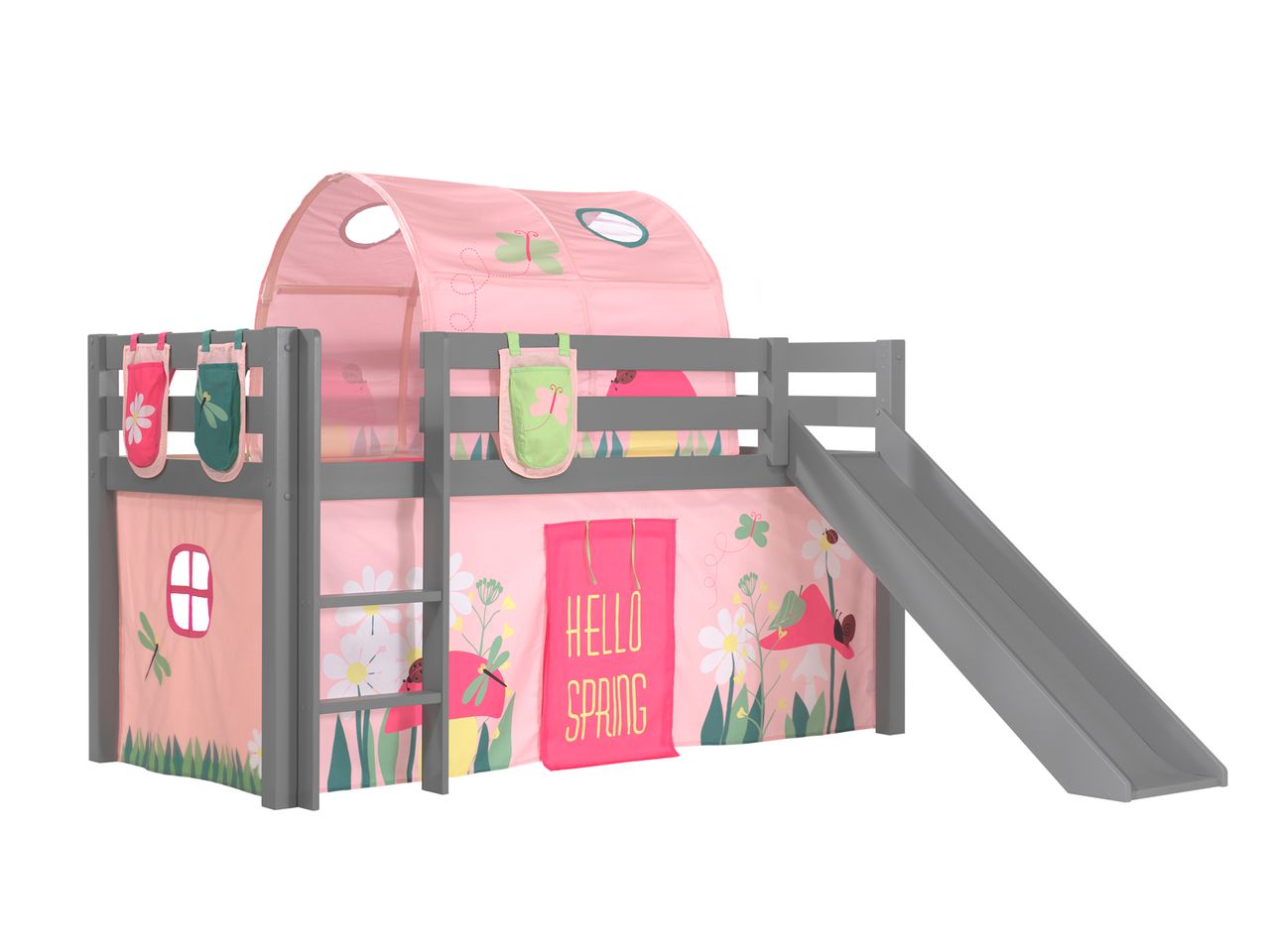 VIPACK Spielbett Pino inkl. Rutsche mit Textilset Vorhang, Tunnel und 3 Taschen 