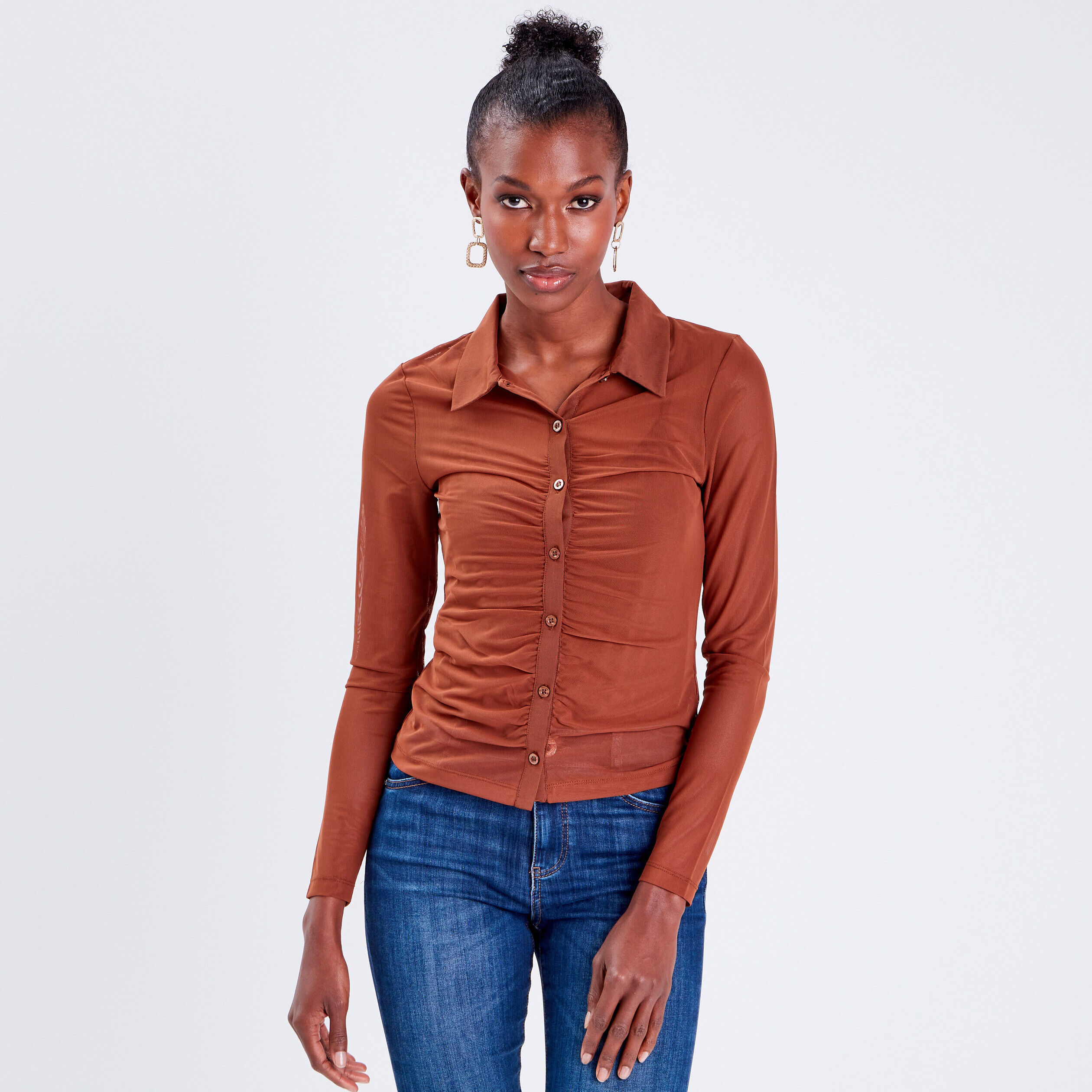 Chemise manches longues marron femme | Cache Cache