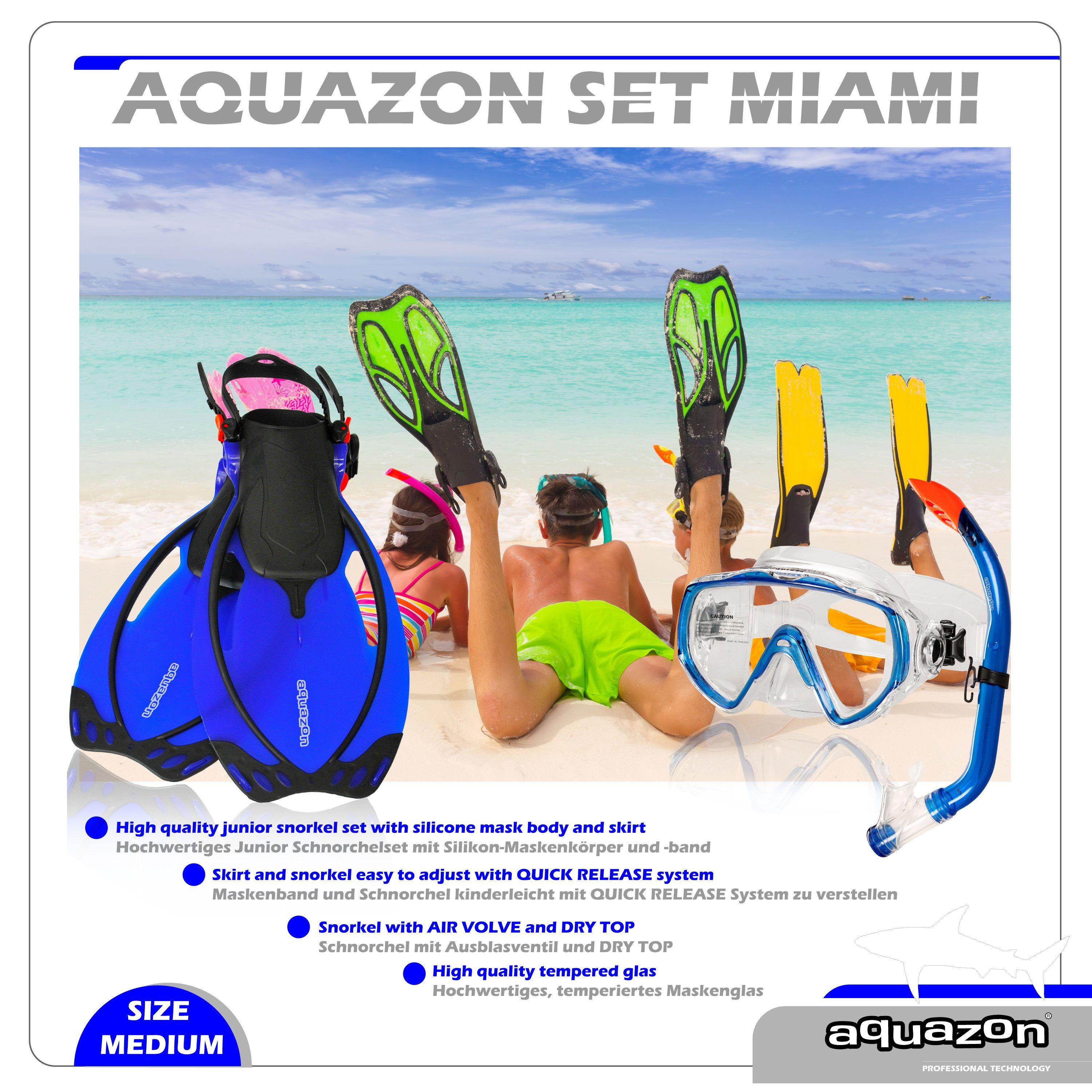 AQUAZON Taucherbrille MIAMI mit Schnorchel und Flossen, Schnorchelset, für Kinder
