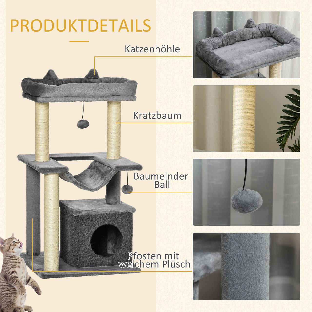 PawHut Katzenbaum 90 cm Kratzbaum mit Hängematte Katzenkratzbaum Plüsch Sisal