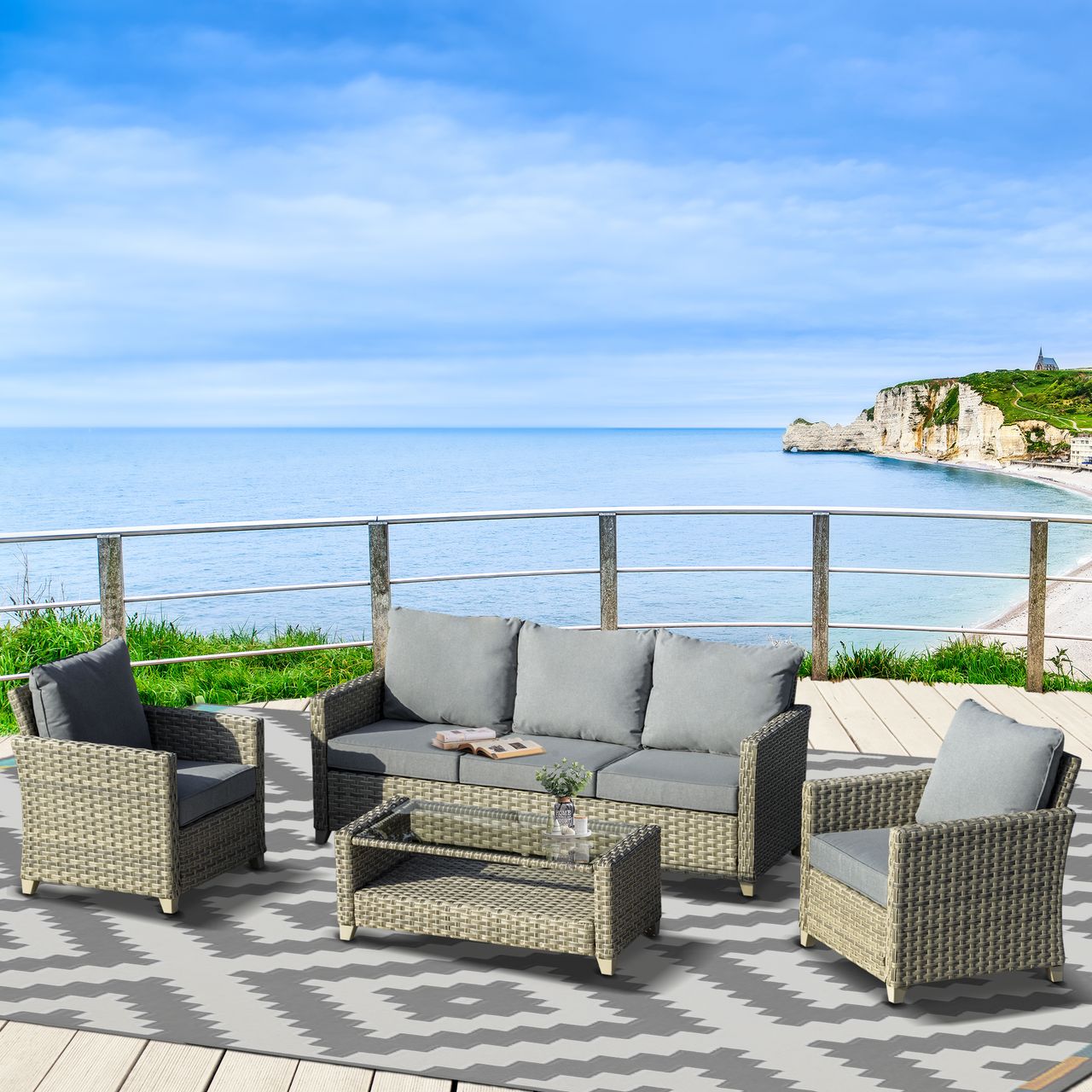 Outsunny 4-tlg. Polyrattan Gartenmöbel Set Sitzgruppe mit Couchtisch Alu Braun