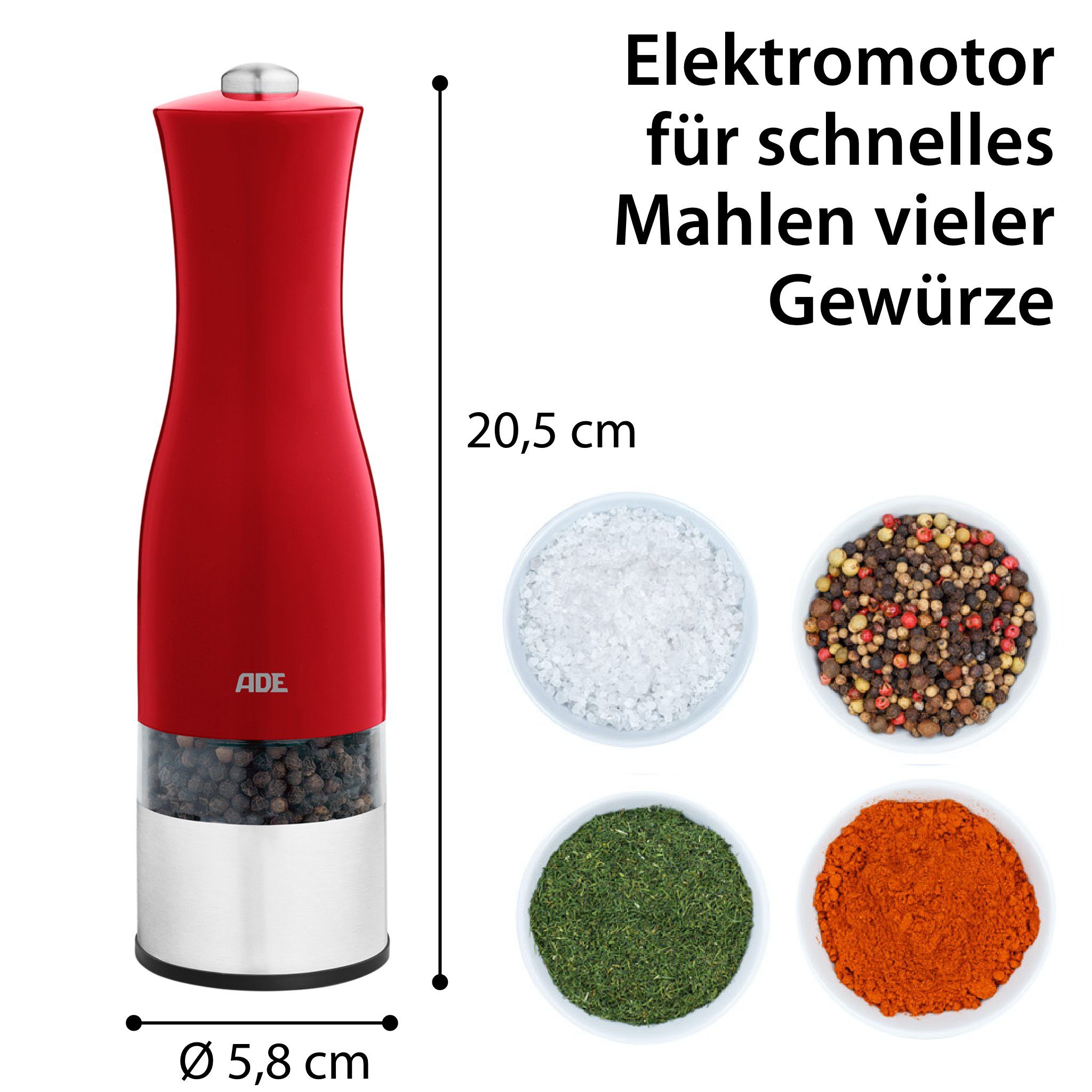 ADE Gewürzmühle Salzmühle oder Pfeffermühle elektrisch, stufenlos einstellbar, Einhandbedienung, Keramik-Mahlwerk