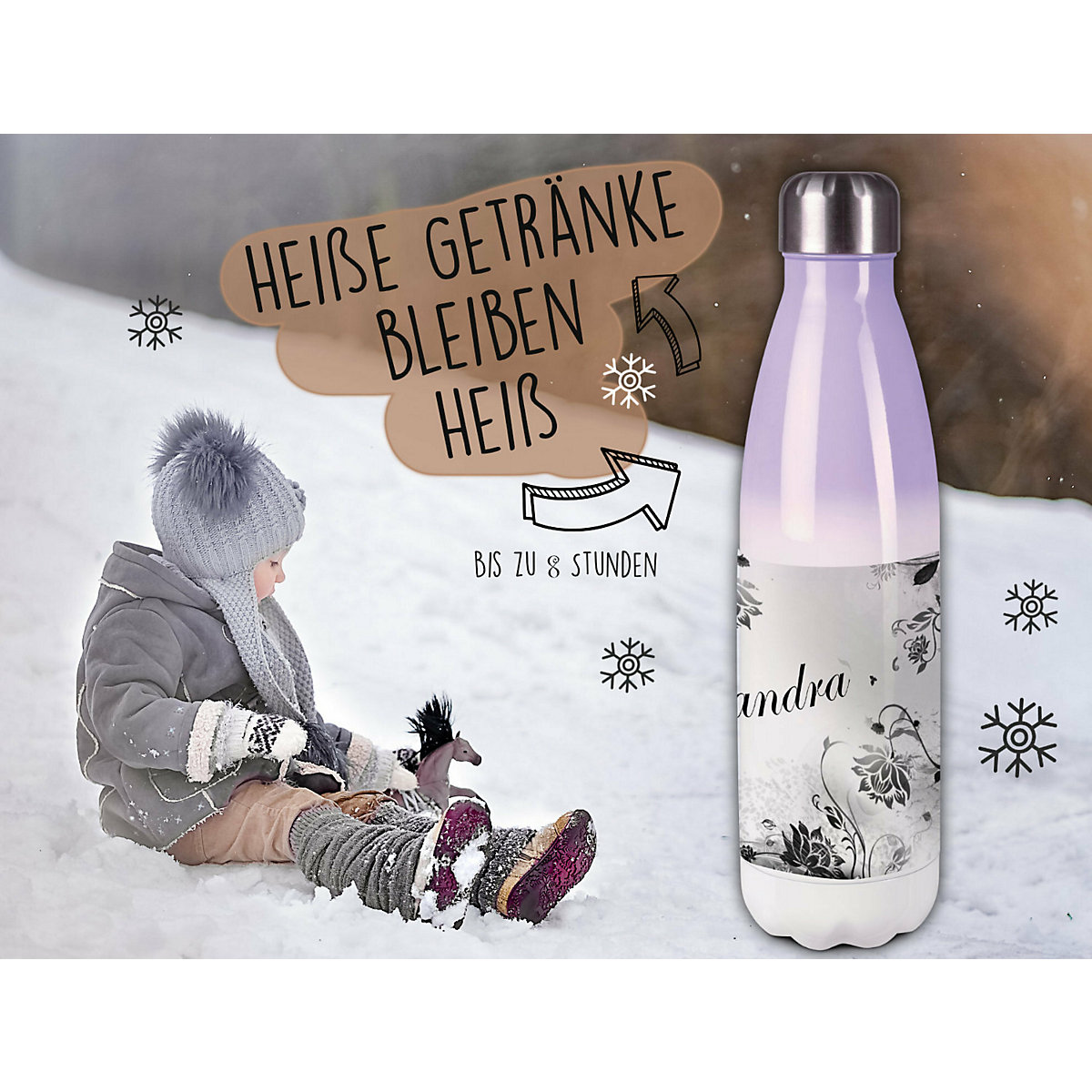 Edelstahl Kinder Thermoflasche / Trinkflasche bunt Blumenranke Farbe schwarz weiß Spülmaschinenfest, Auslaufsicher, Bruchfest, Doppelwandig, Für Heißgetränke geeignet, Mit Deckel, Isoliert