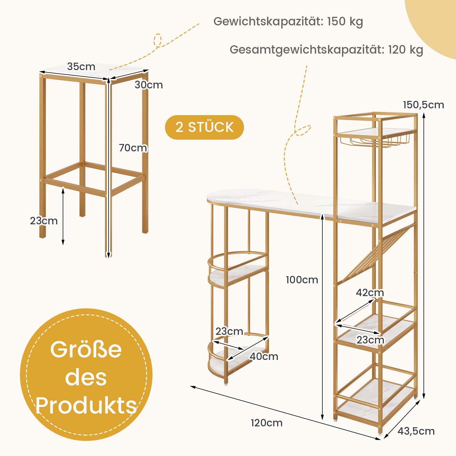 COSTWAY Bartisch, mit Hocker 2er Set, Mamor, mit Ablage, Glashalter&Weinregal