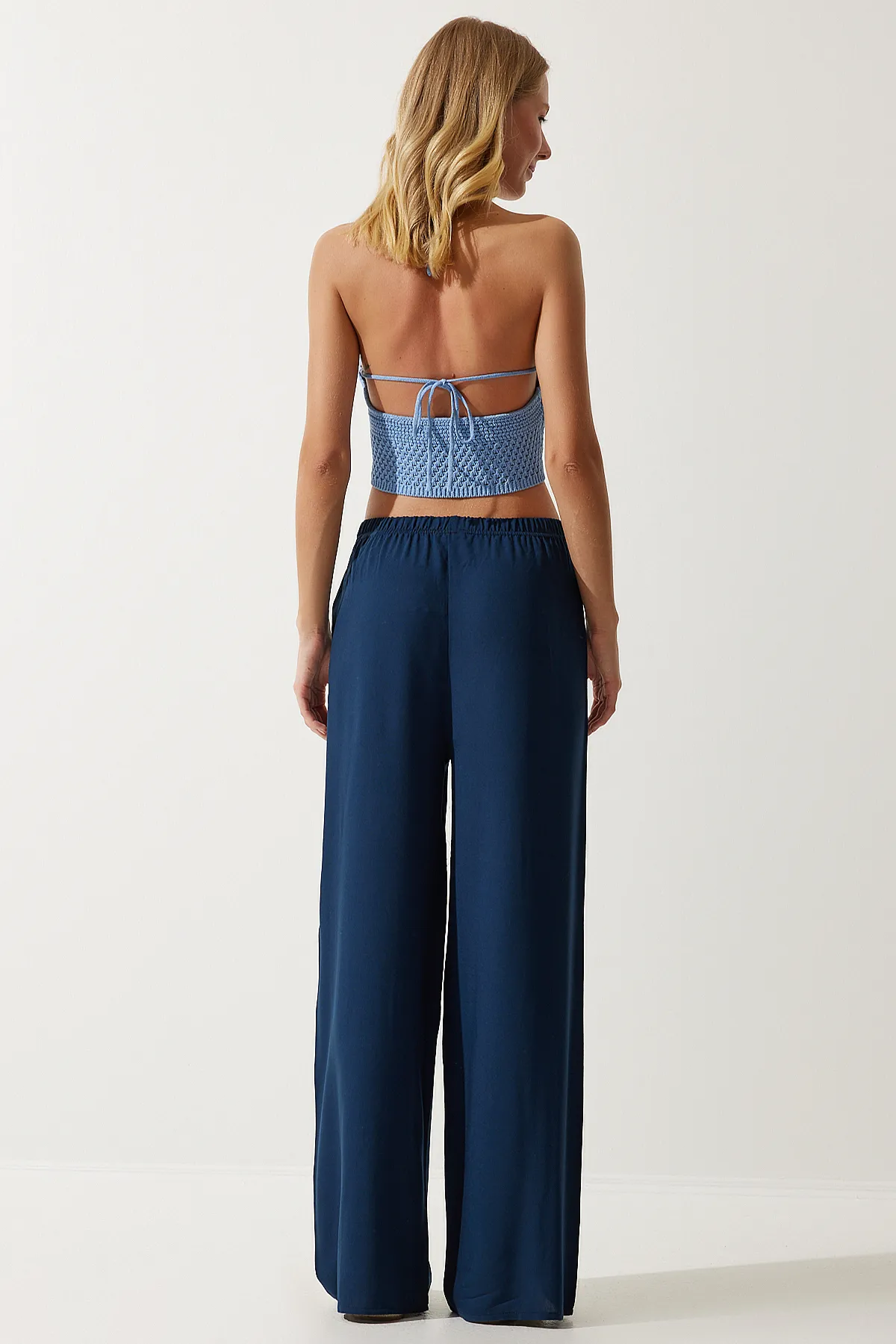 Happiness İstanbul  Marineblaue Palazzo-Hose aus Viskose für Damen im Sommer EN00610