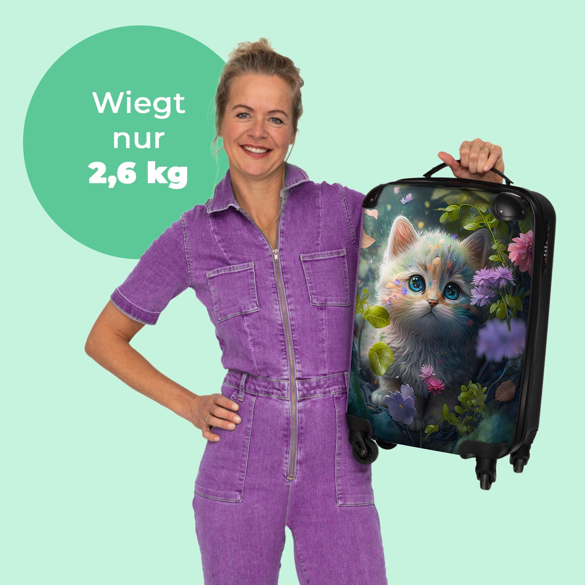 NoBoringSuitcases.com© Handgepäckkoffer 55x35x20cm Kätzchen - Blumen - Wald - Illustration - Katze, 4 Rollen, Handgepäck Trolley Rollkoffer Kleine Reisekoffer mit 4 Rollen - Cabin