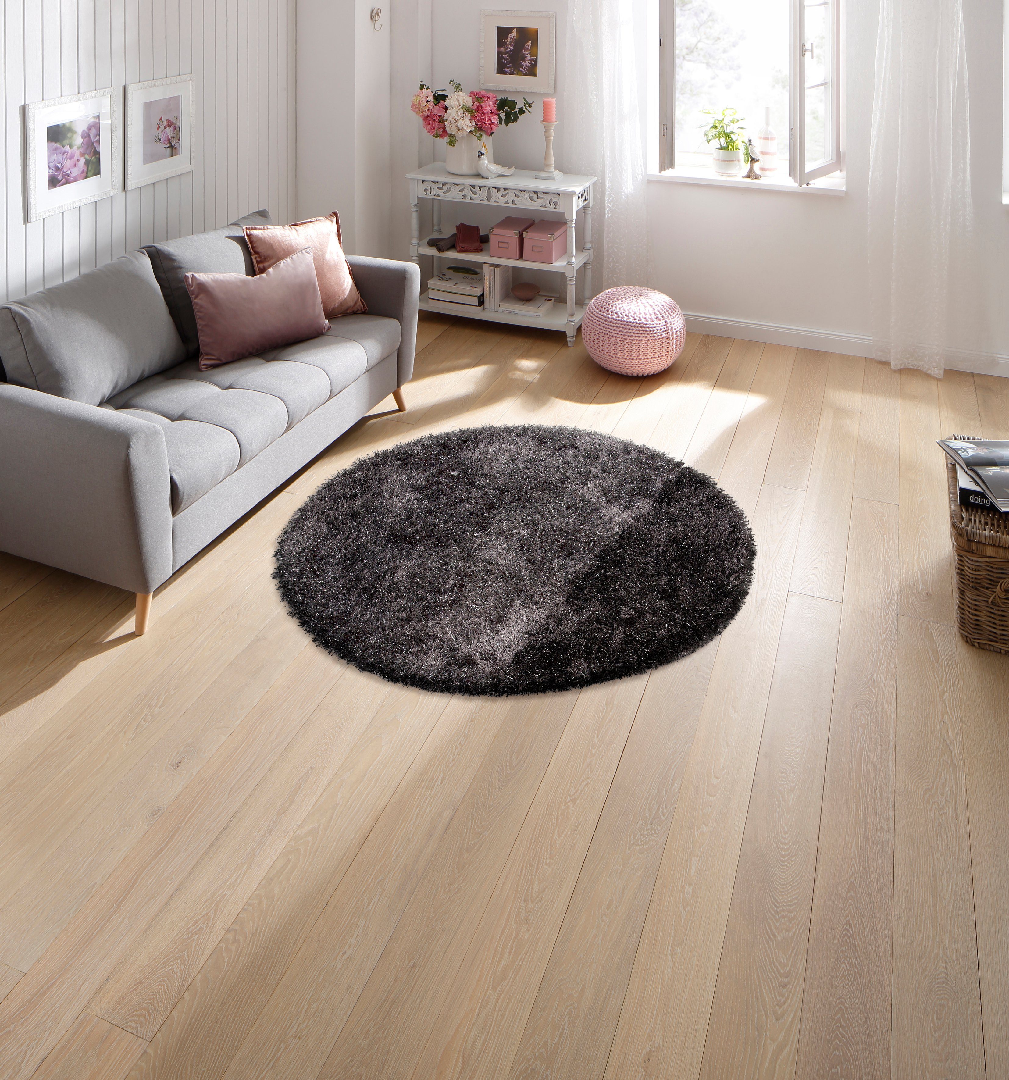 Hochflor-Teppich Glossy 411, merinos, rund, Höhe: 70 mm, besonders weich durch Microfaser, Wohnzimmer
