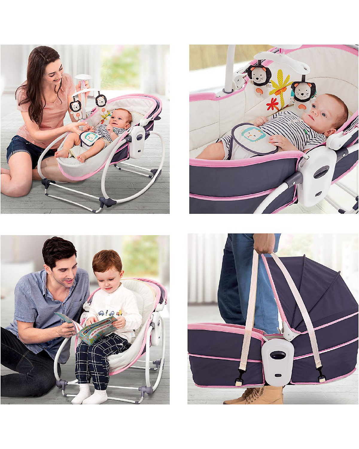 Babywippe Ava mit Musikfunktion Vibration Sonnenschutz Moskitonetz Babywippen