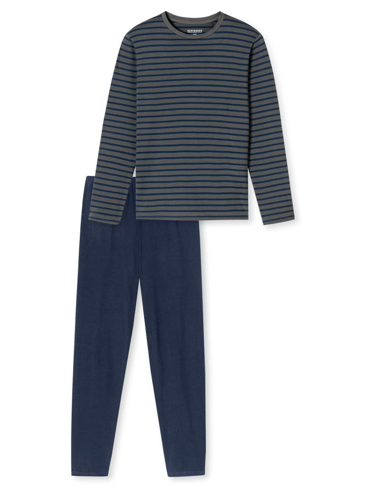 Schiesser Pyjama Schlafanzug lang - Casual Essentials in Anthrazit, Blau günstig kaufen
