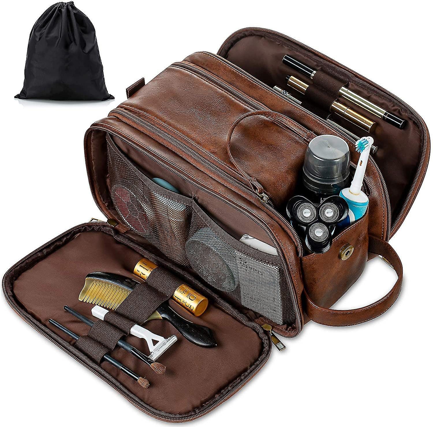 ZanMax Kosmetiktasche Herren-Reise-Kulturbeutel aus wasserdichtem Leder, groß, Braun (1-tlg)