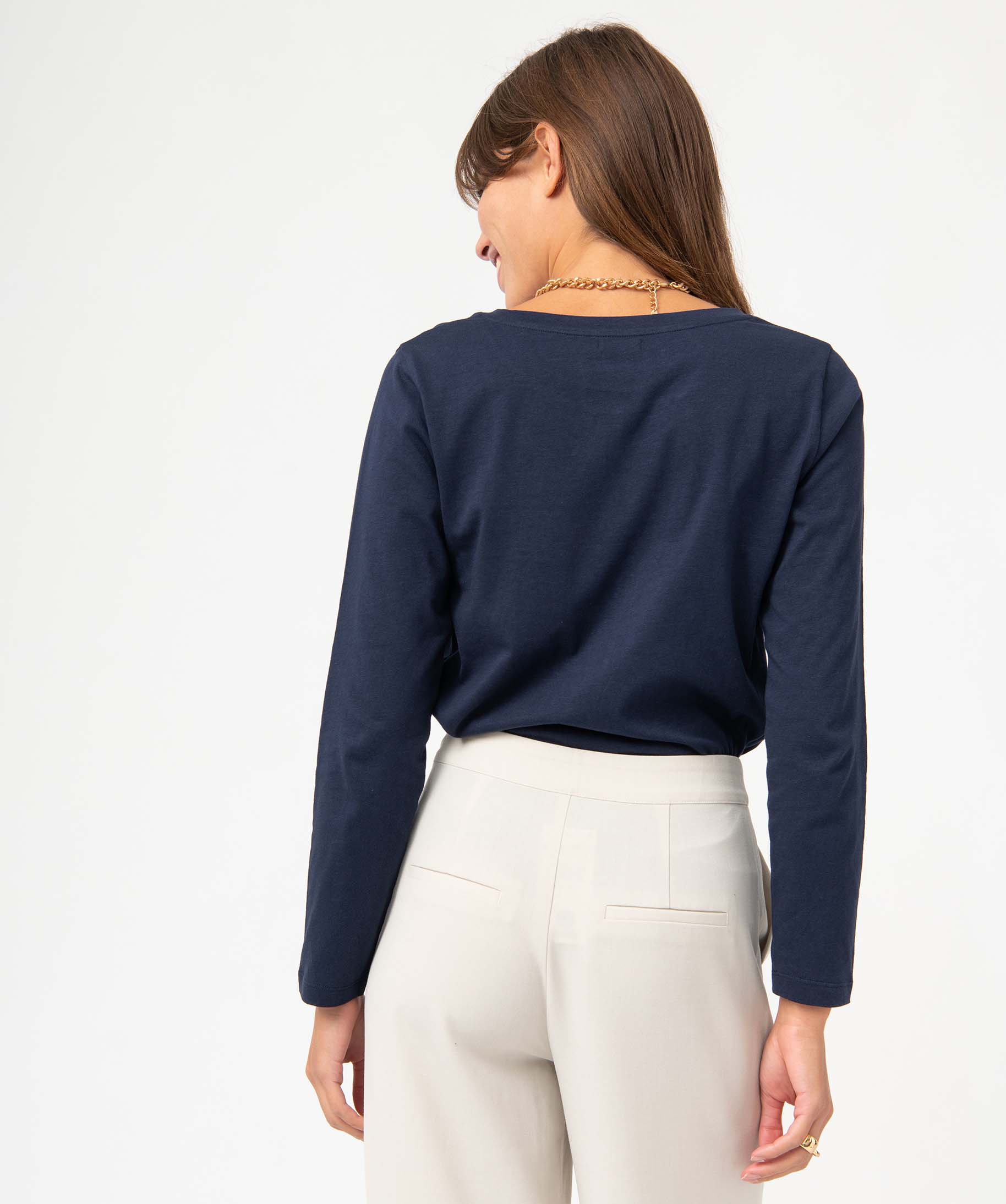 Tee-shirt à manches longues et col rond femme bleu fonce | GEMO
