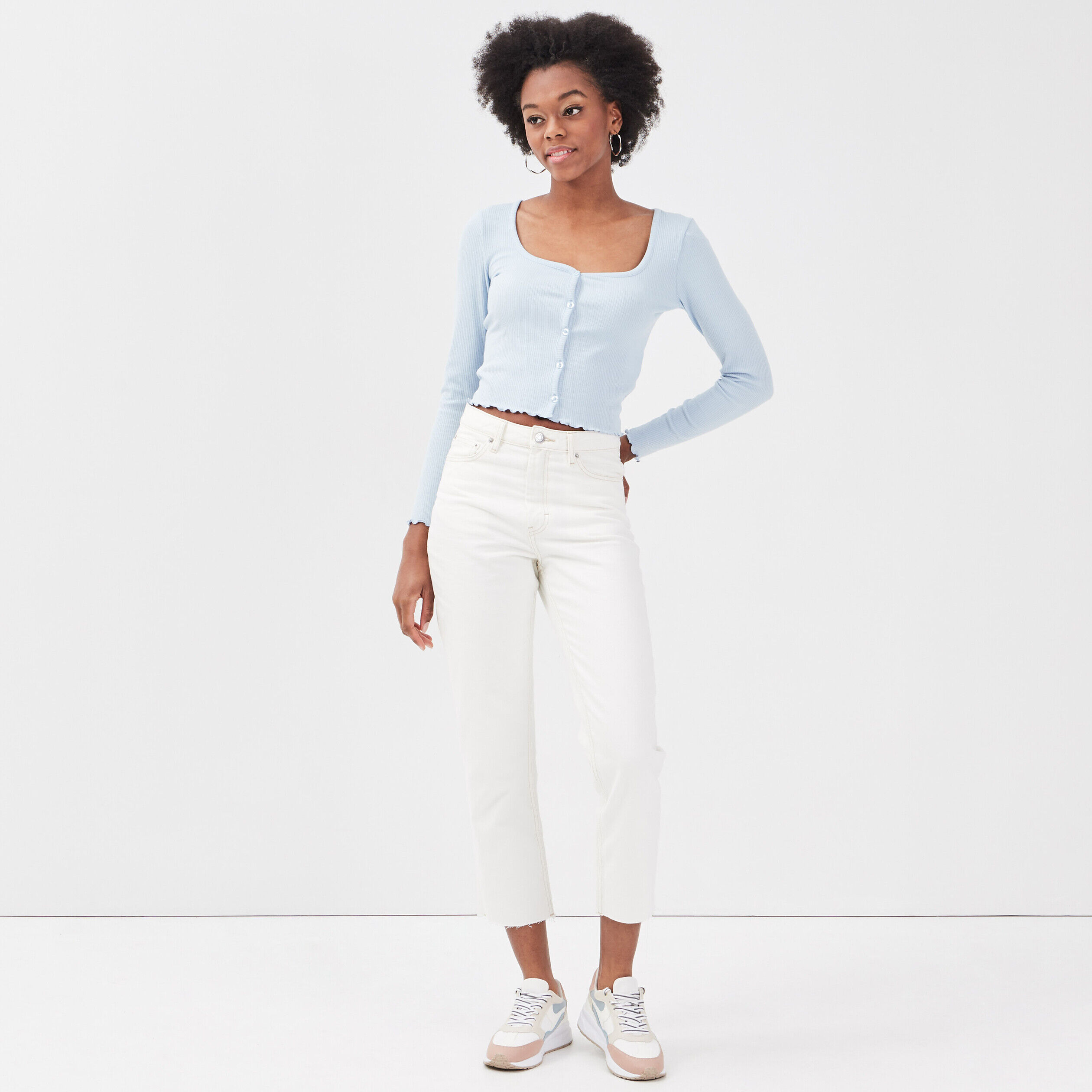 Gilet boutonné manches longues bleu pastel femme | Cache Cache
