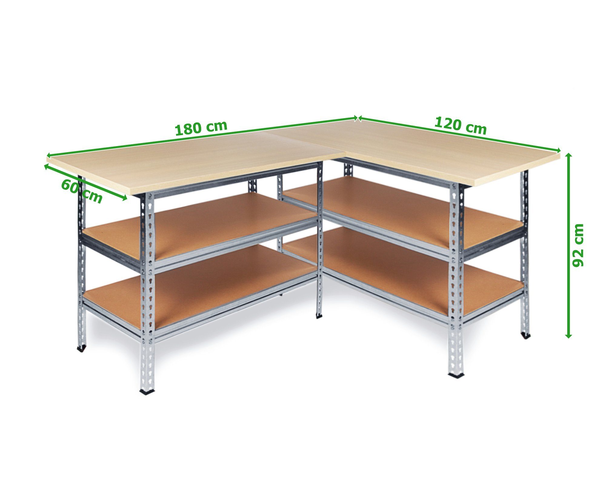 ONDIS24 Werkstatt-Set Ecklösung Sparfuchs-Uwe 180 x 120 x 92 cm (H), 2X Werkbank aus Metall, melaminbeschichtete Arbeitsplatte, Problemlöser für Ecke