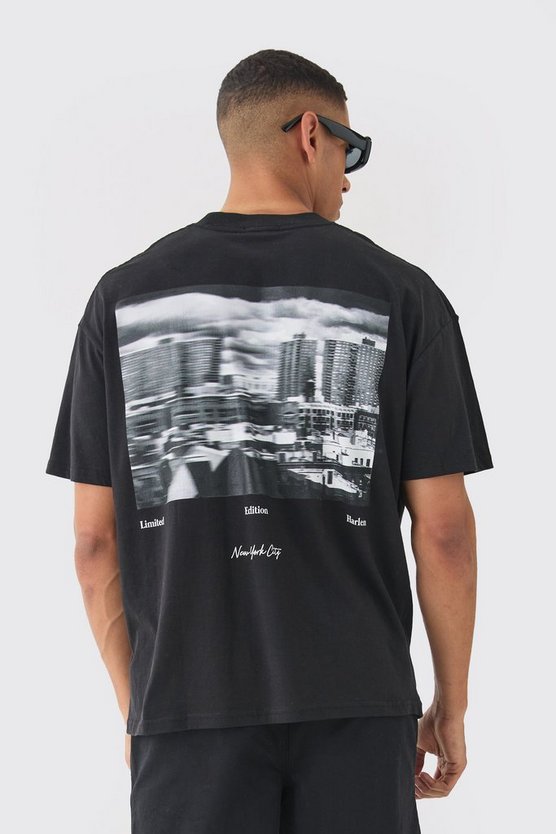 Oversized Extended Neck Photographic Back Print T-shirt