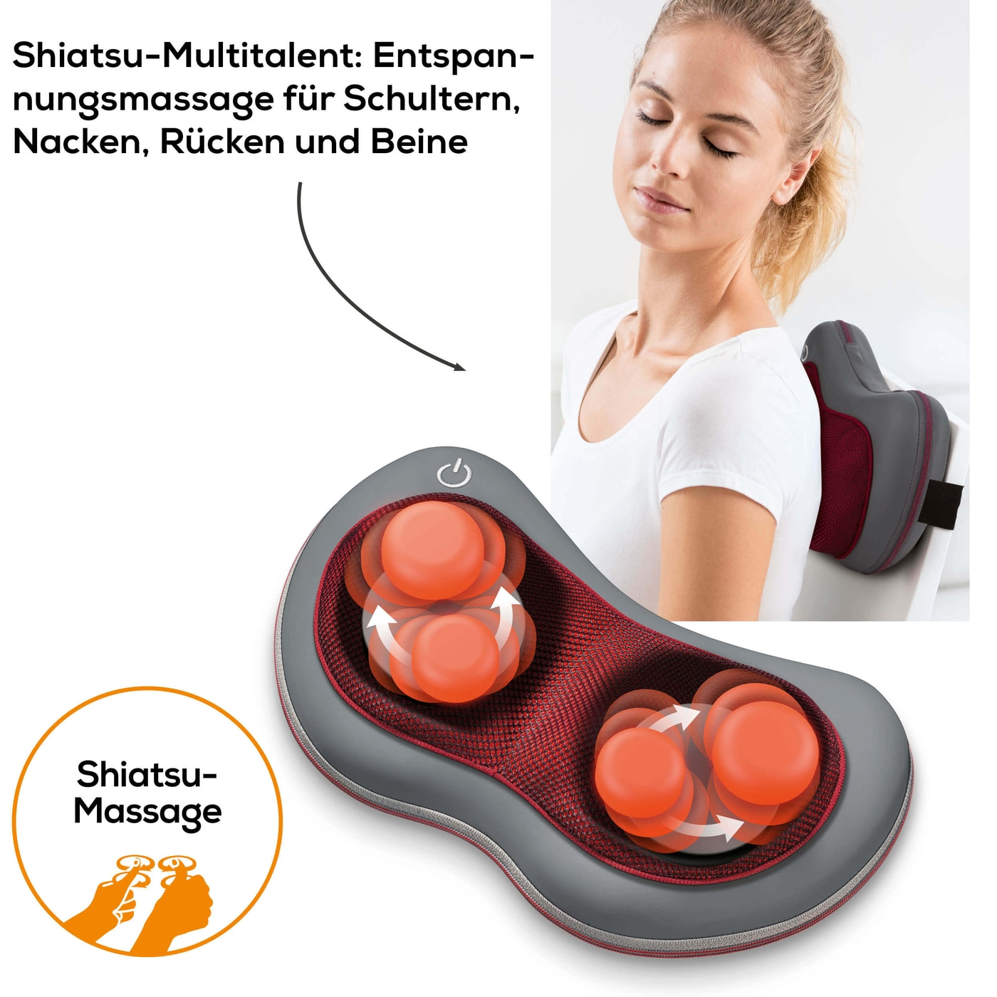 Beurer Shiatsu-Massagekissen MG 149-Fixierbares Massagekissen in ergonomischen Design, Licht- & Wärmefunktion