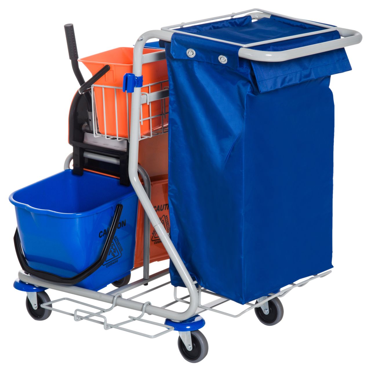 HOMCOM Putzwagen Reinigungswagen 4 Fahreimer Wischwagen Systemwagen mit Rollen Blau Orange 93 x 70 x 97 cm