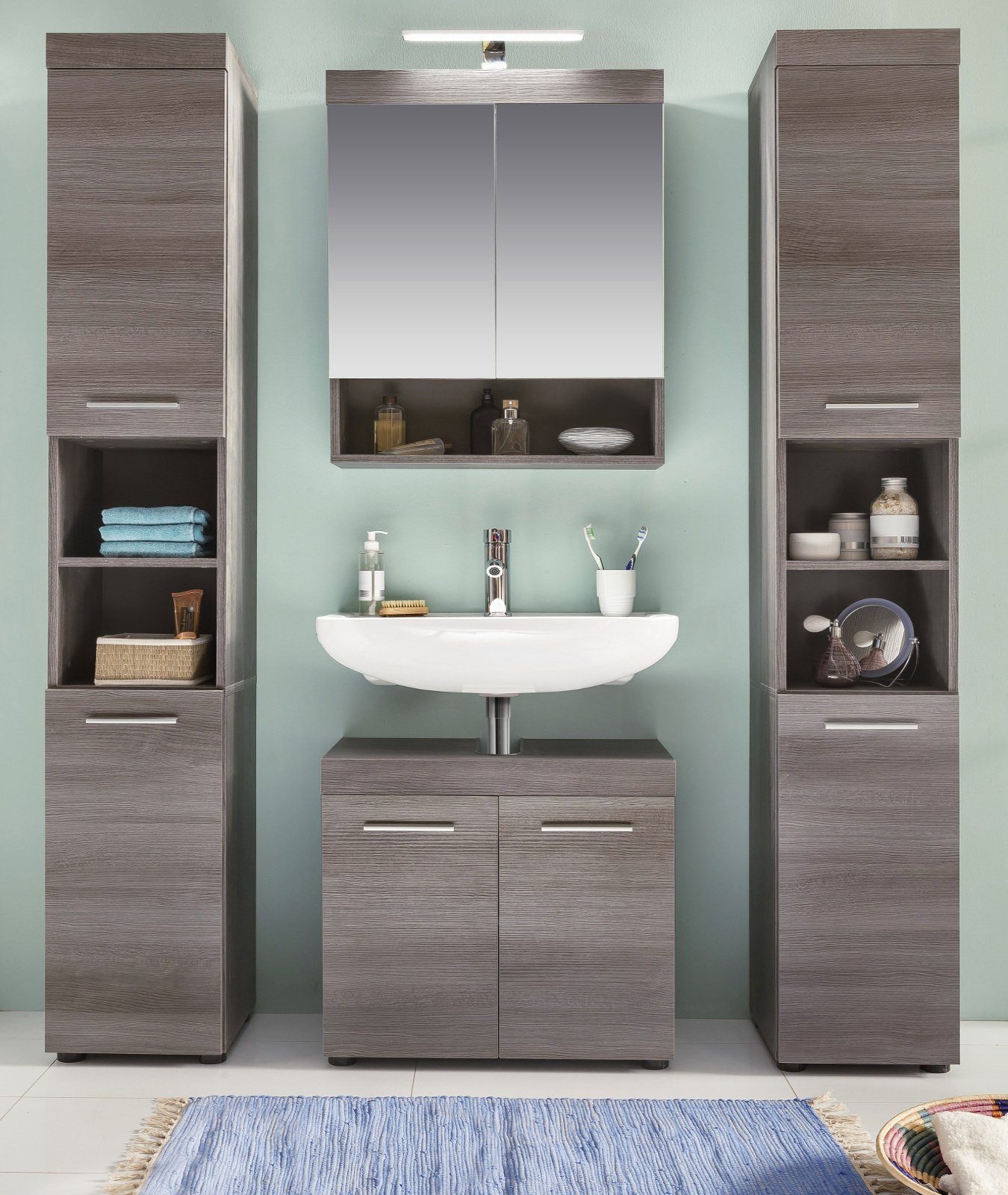 trendteam Badmöbel-Set Runner, (Badezimmer 4-teilig in grau Rauchsilber, 150 x 190 cm), Set mit 2x Hochschrank