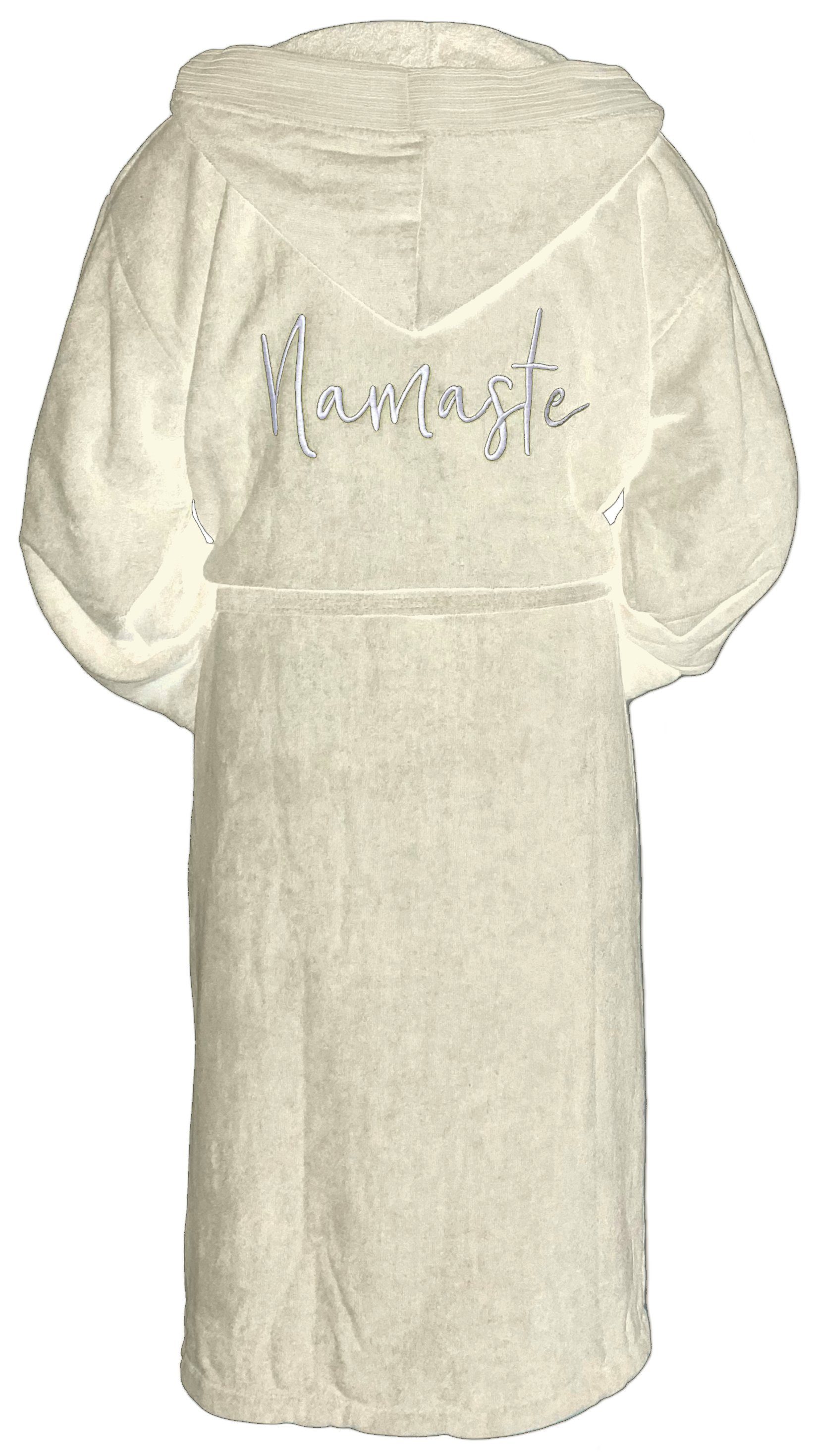 Schnoschi Unisex-Bademantel Bademantel mit Kapuze und Taschen Namaste aus weichem Frottee, Yoga, mit Kapuze und Stickerei, mit Kapuze, mit Gürtel, Bordüren an Kragen, Ärmel und Taschen, Schlaufe zum Aufhängen, Stickerei 