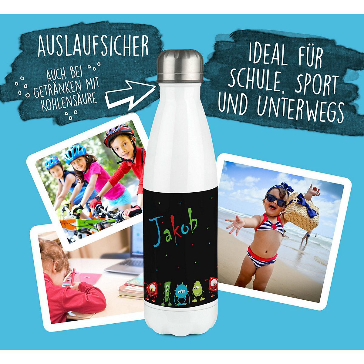Edelstahl Kinder Thermoflasche / Trinkflasche bunt Monsterparade Spülmaschinenfest, Auslaufsicher, Bruchfest, Doppelwandig, Für Heißgetränke geeignet, Mit Deckel, Isoliert