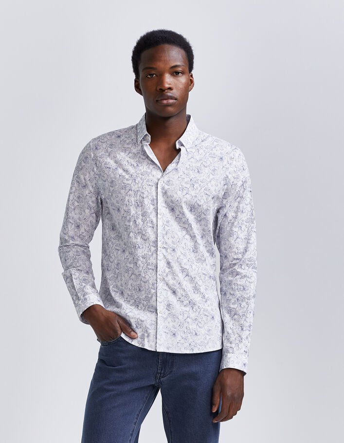 Chemise SLIM blanche tissu Liberty fleurs bleues Homme
