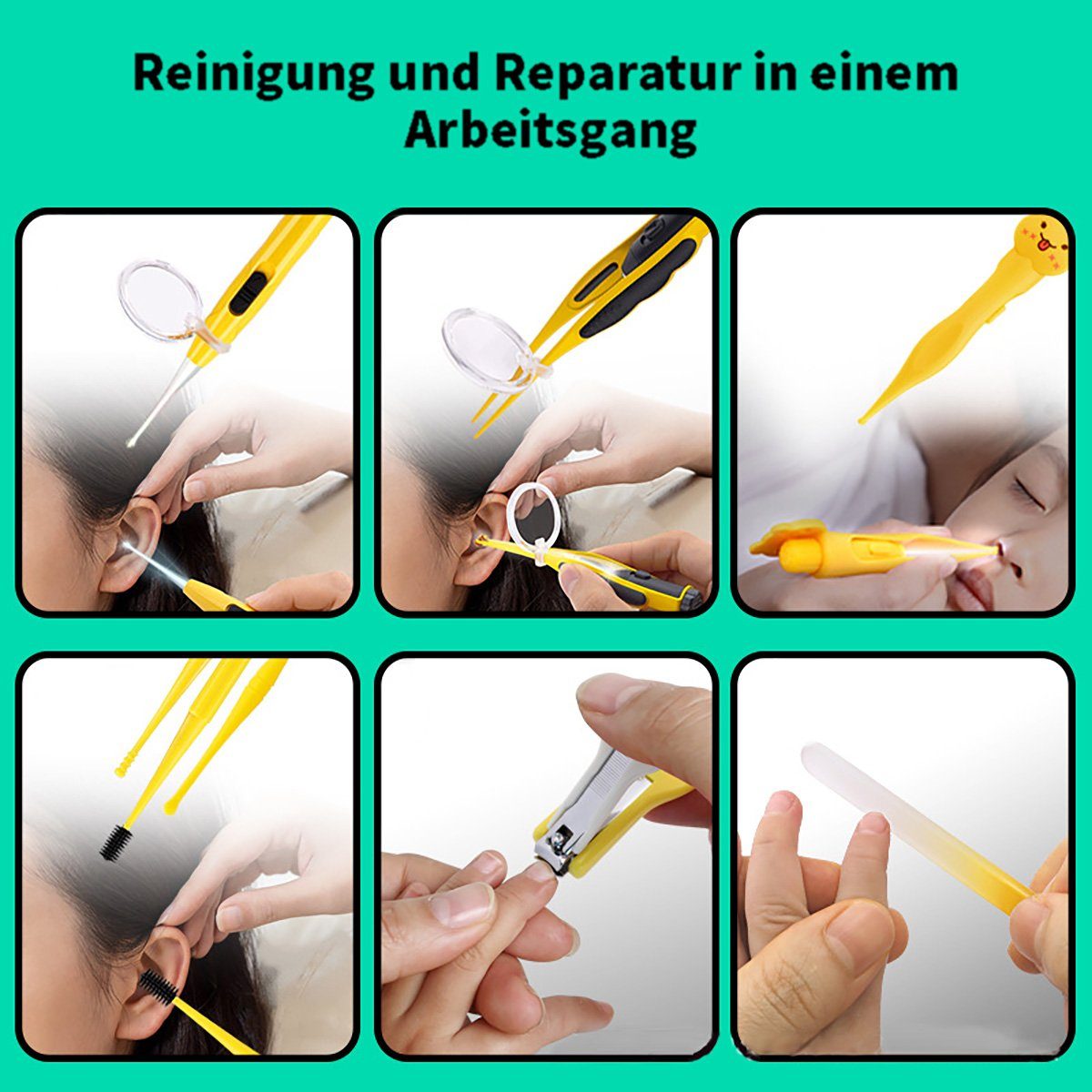 yozhiqu Ohrenreiniger 6-teiliges Set mit leuchtenden, sichtbaren Ohrstöpseln für Kinder, 6-tlg., Ohrstöpsel, Ohrenschmalzpinzette, Nasenclip mit Licht, Nagelknipser