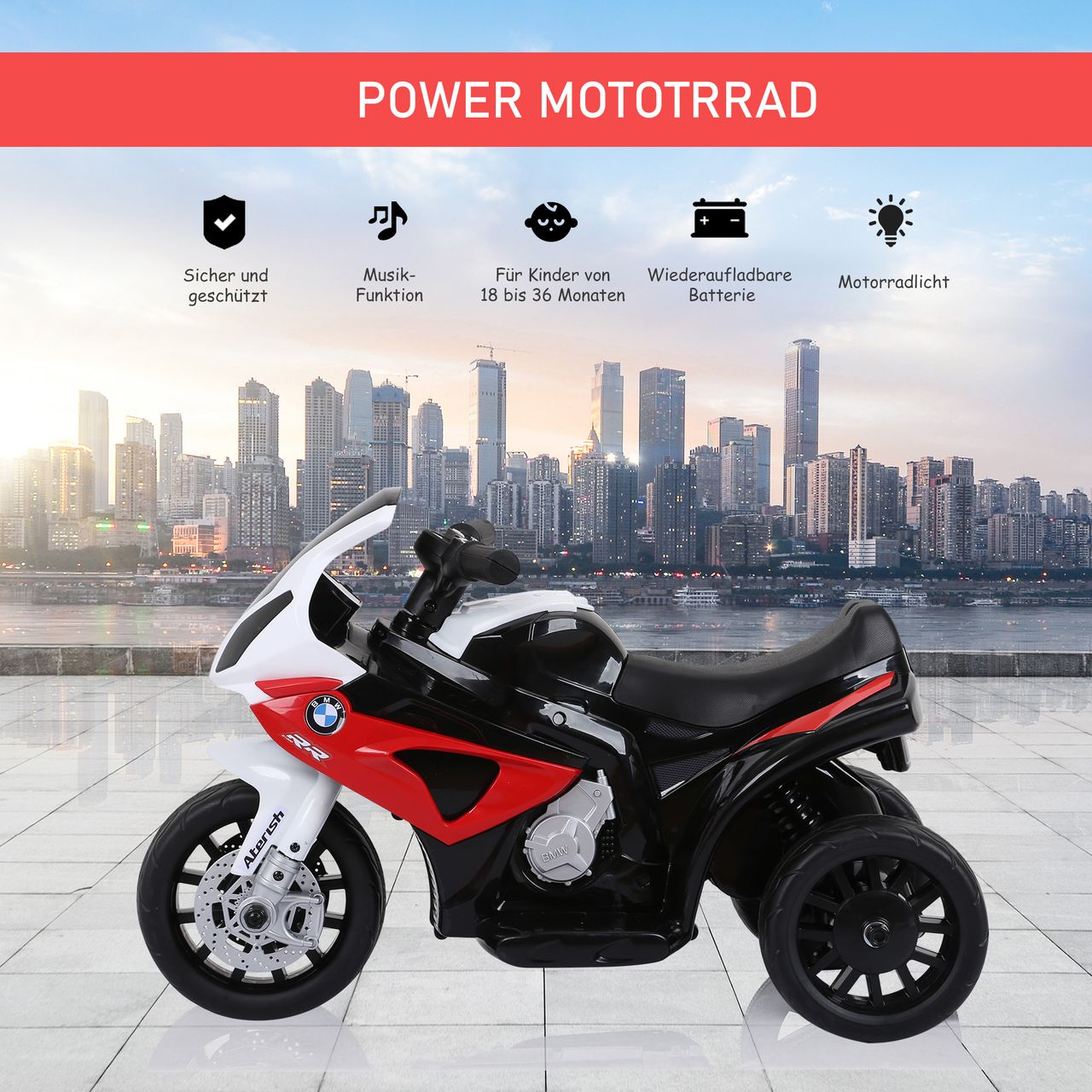 HOMCOM Elektro Kindermotorrad Kinderfahrzeug Lizensiert von BMW S1000RR Elektro-Dreirad mit Akku Stahl Rot 66 x 37 x 44 cm