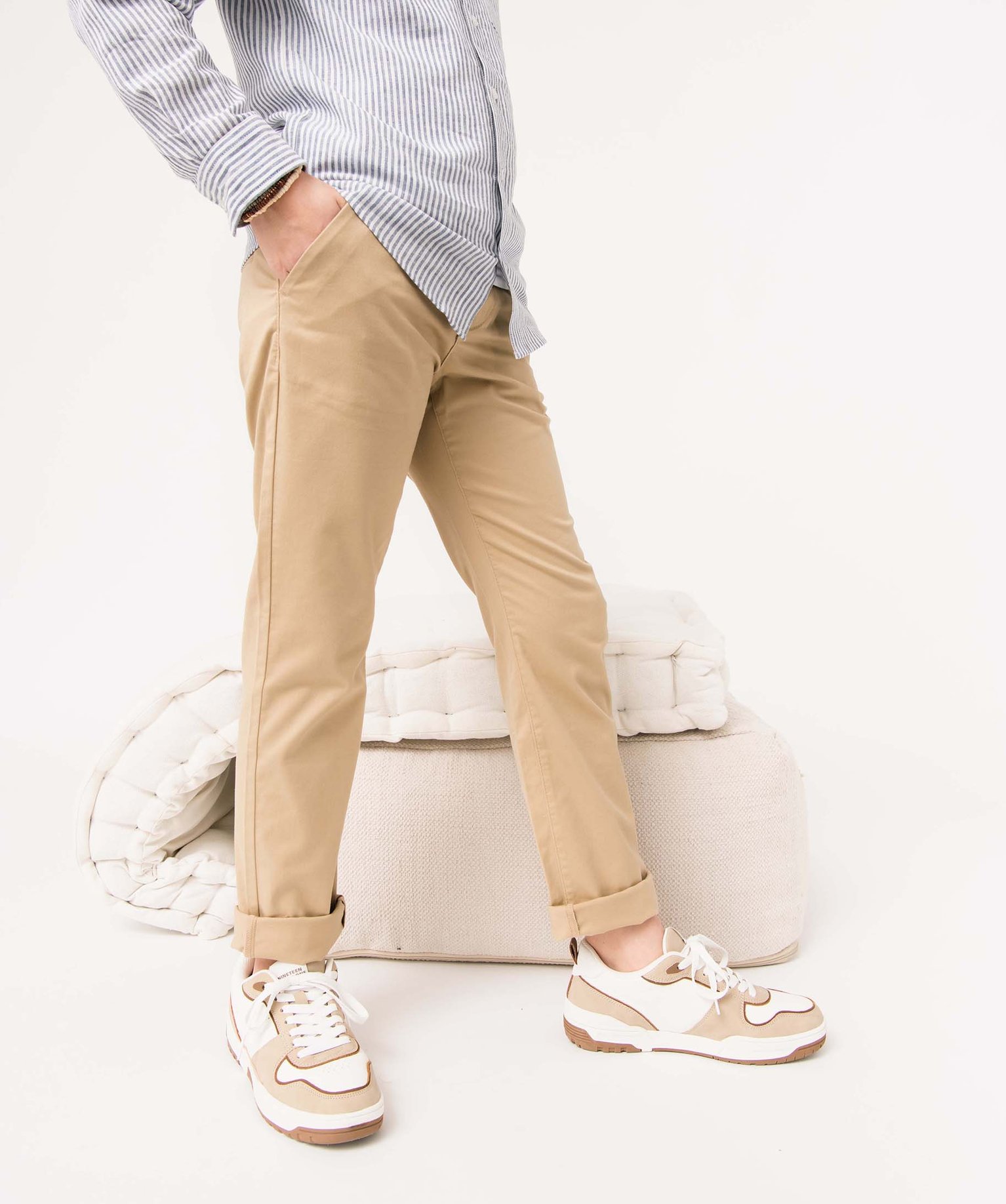 Pantalon Garçon chino uni à revers beige | GEMO