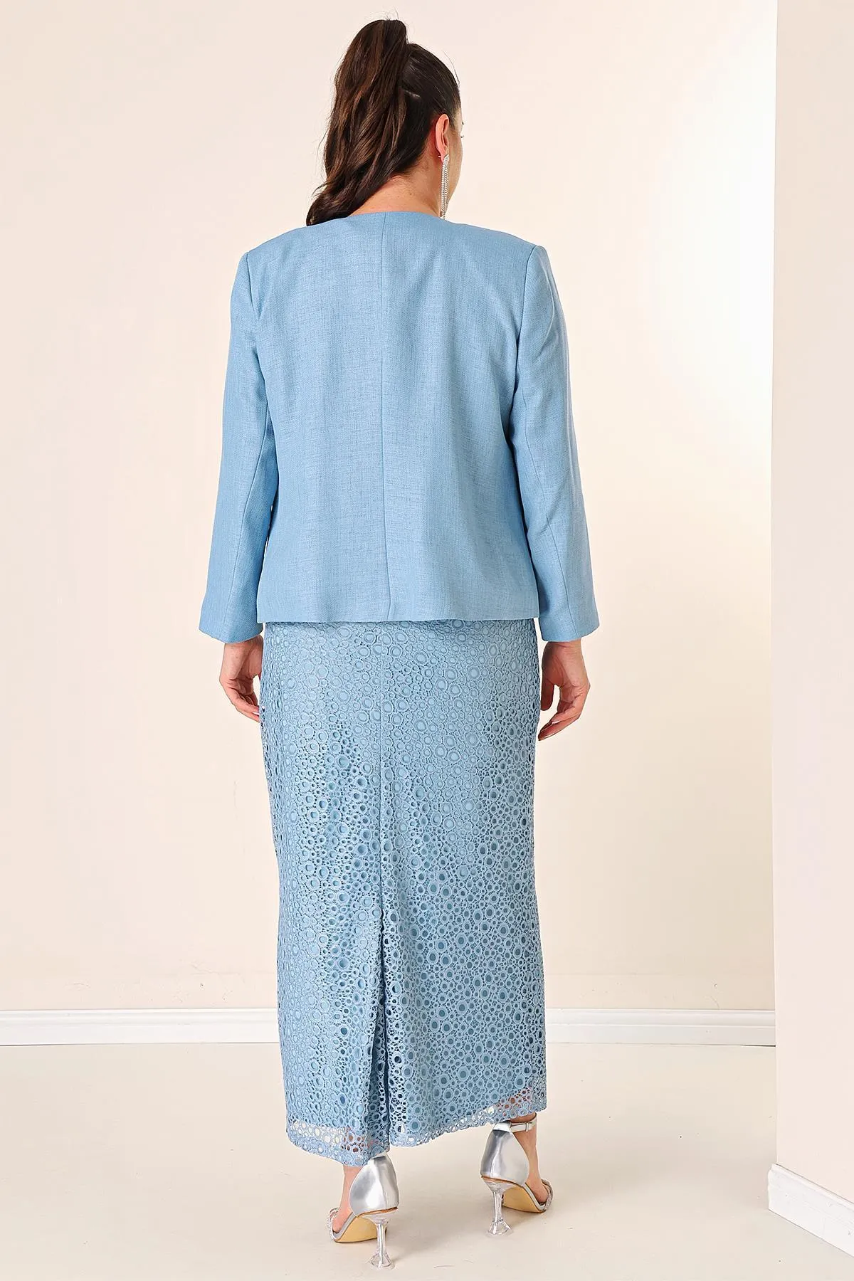 By Saygı  Ärmelloses Gülpür-Kleid, steinfarbene, detaillierte Kreppjacke, gefüttert, große Größe, 2-teiliges Set