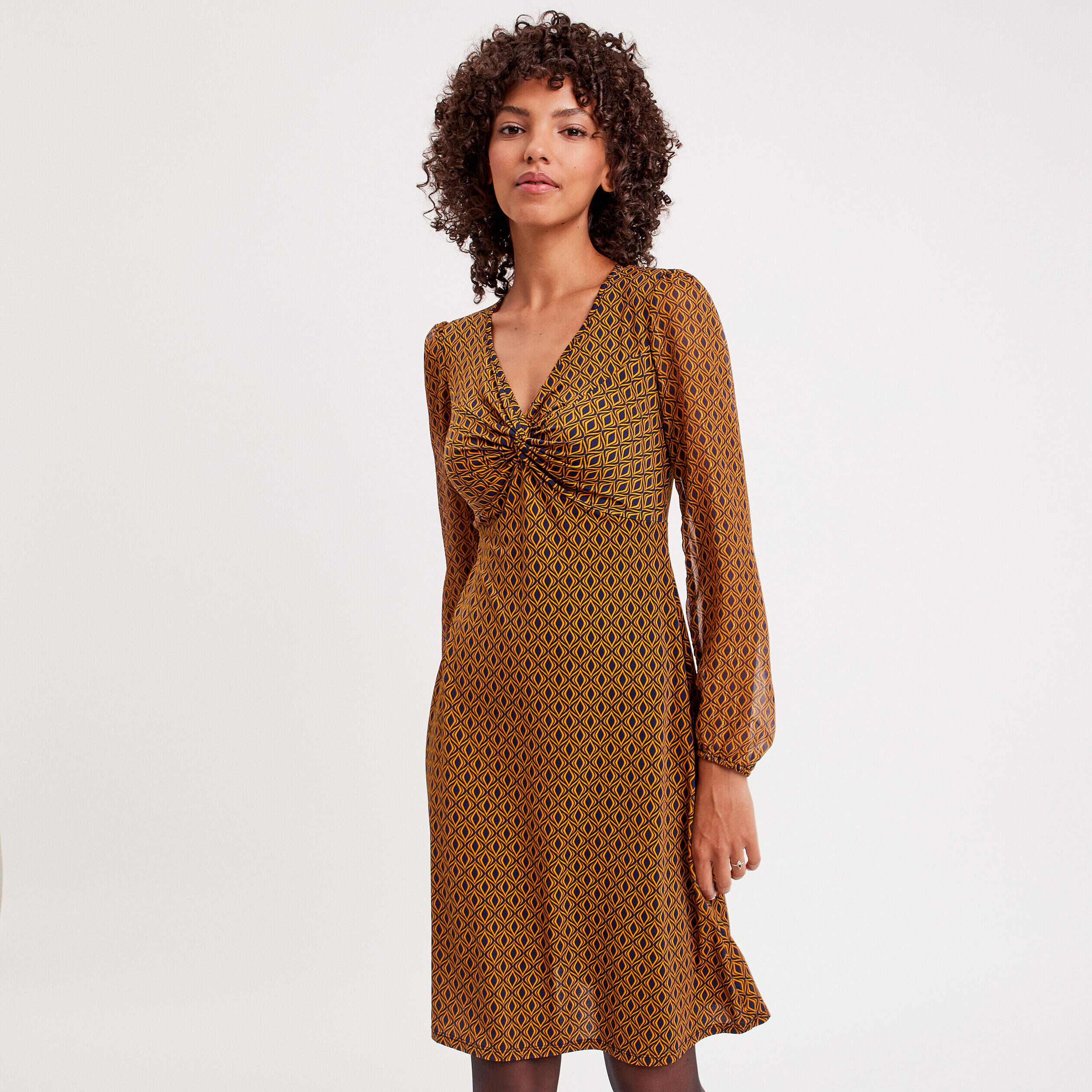 Robe évasée manches 3/4 bleu marine femme | Cache Cache