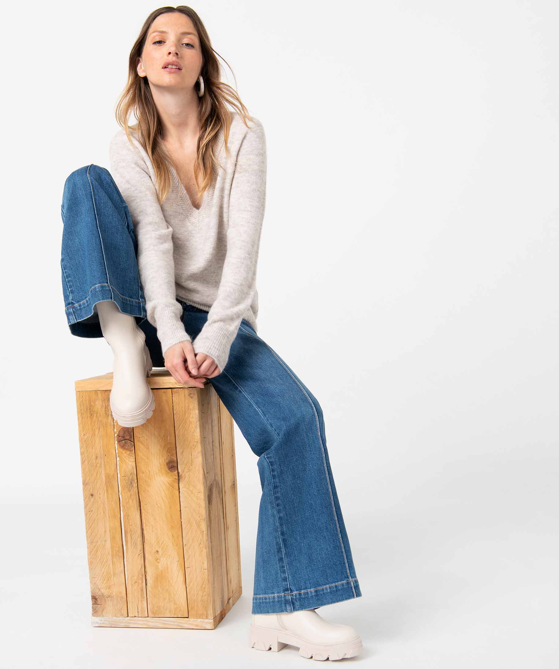 Pull femme à grand col V fantaisie ecru | GEMO
