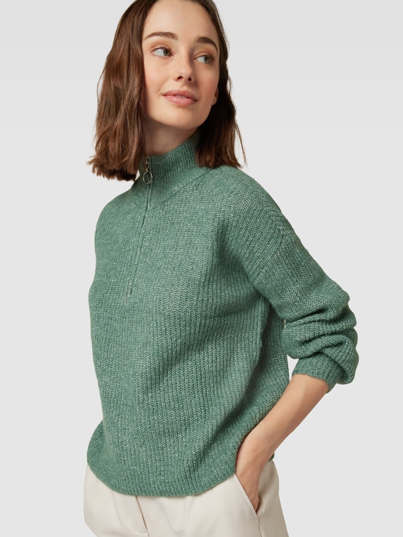 Strickpullover mit Troyer-Kragen Modell 'MILI' in dunkelgrün meliert