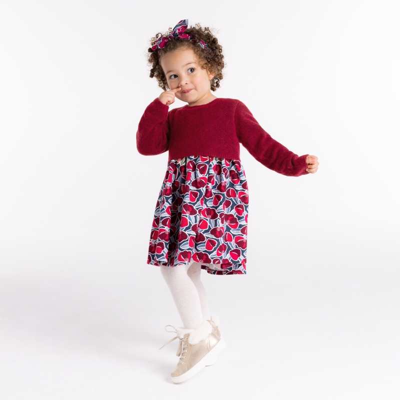 Robe bi-matière maille et seersucker rose bébé fille