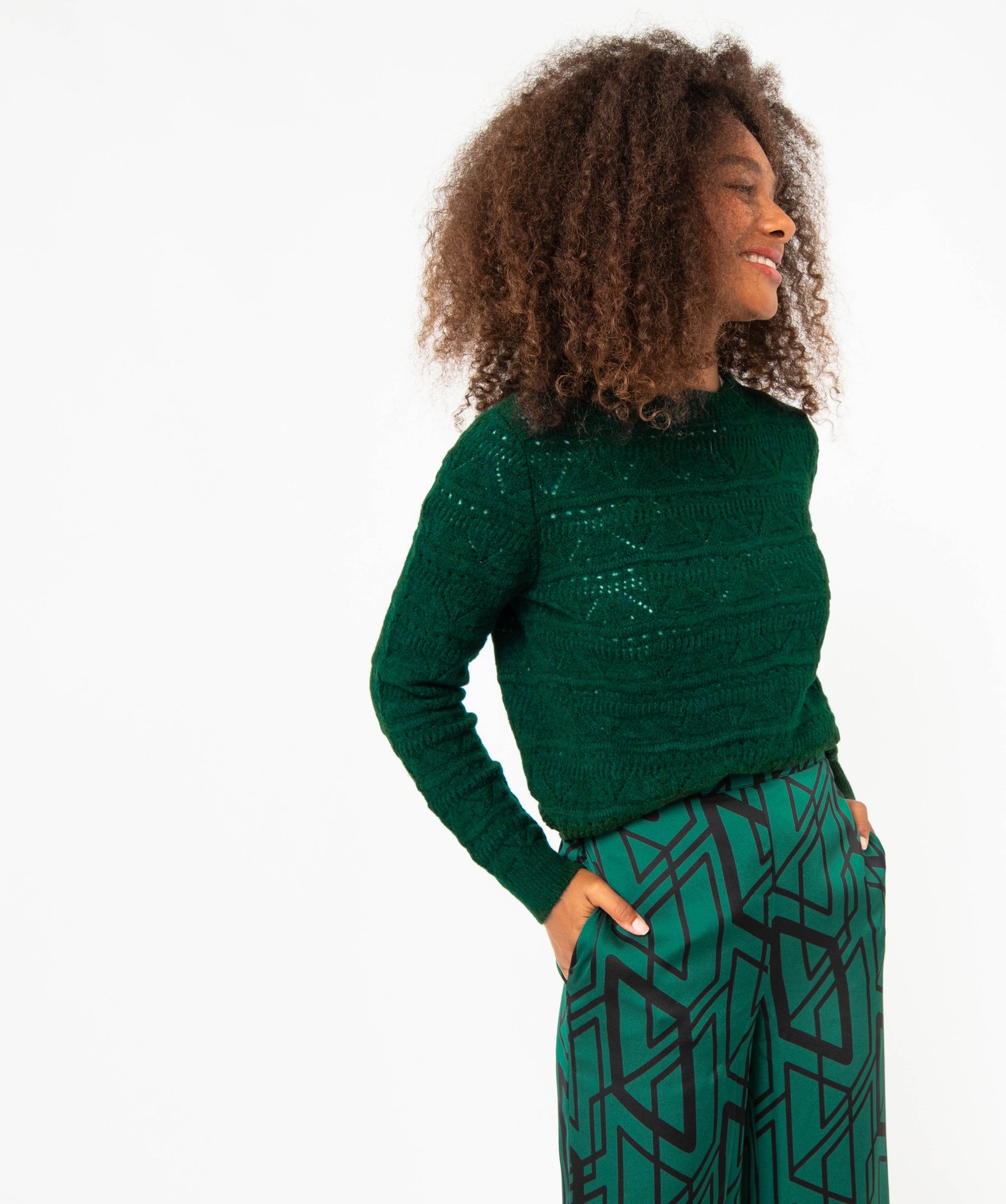 Pull en maille ajourée femme vert | GEMO