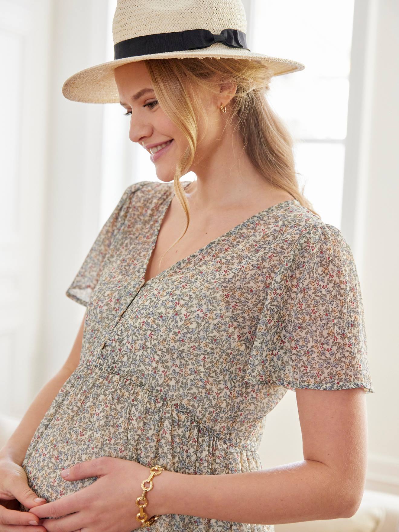 Robe longue volantée en crêpe imprimé grossesse et allaitement sable